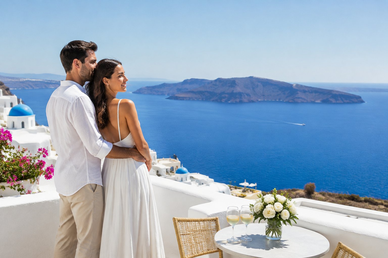 A newlywed couple stands together on a terrace overlooking the Aegean Sea.