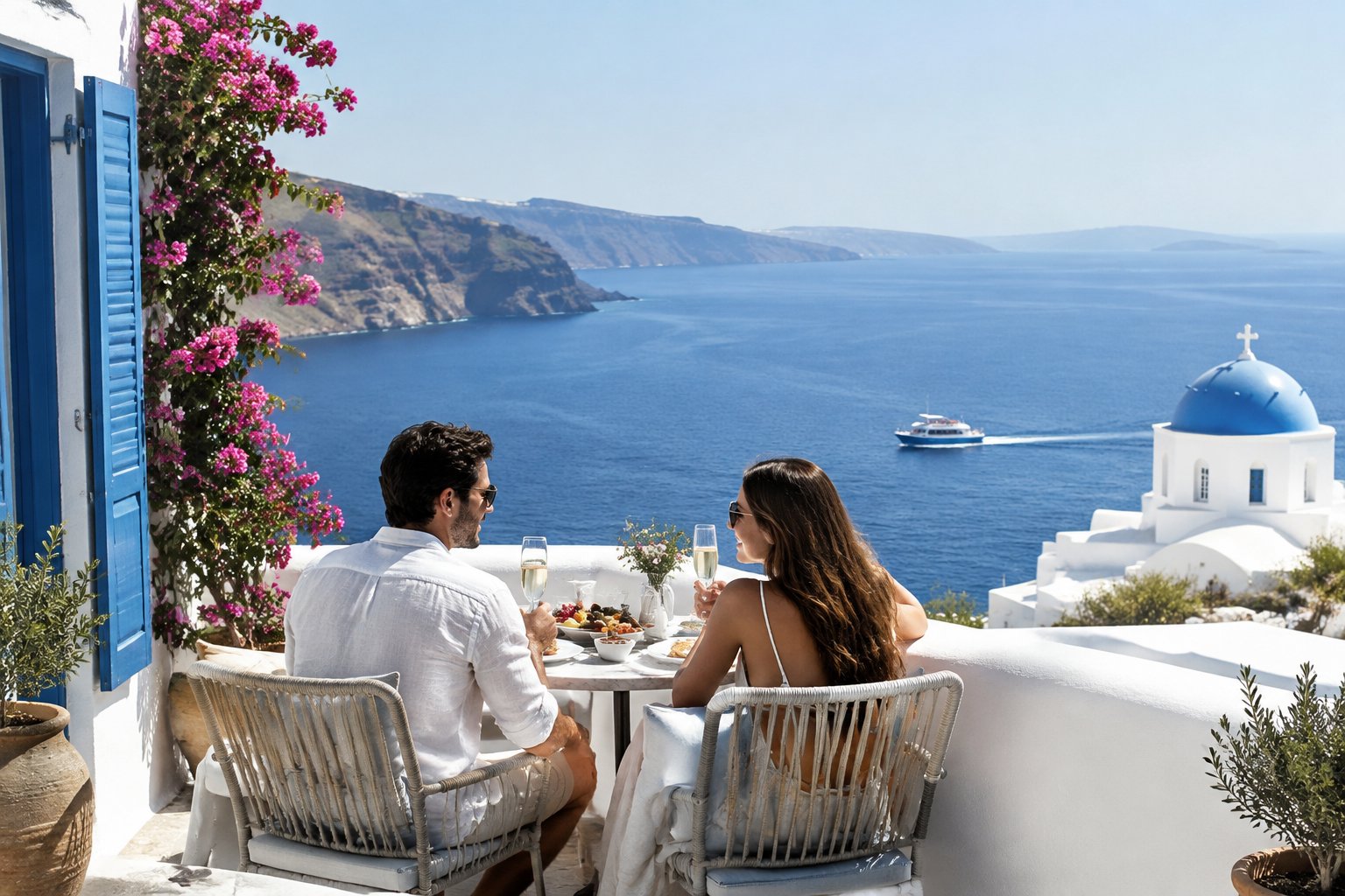 A newlywed couple shares breakfast on a Greek island terrace overlooking the sea.