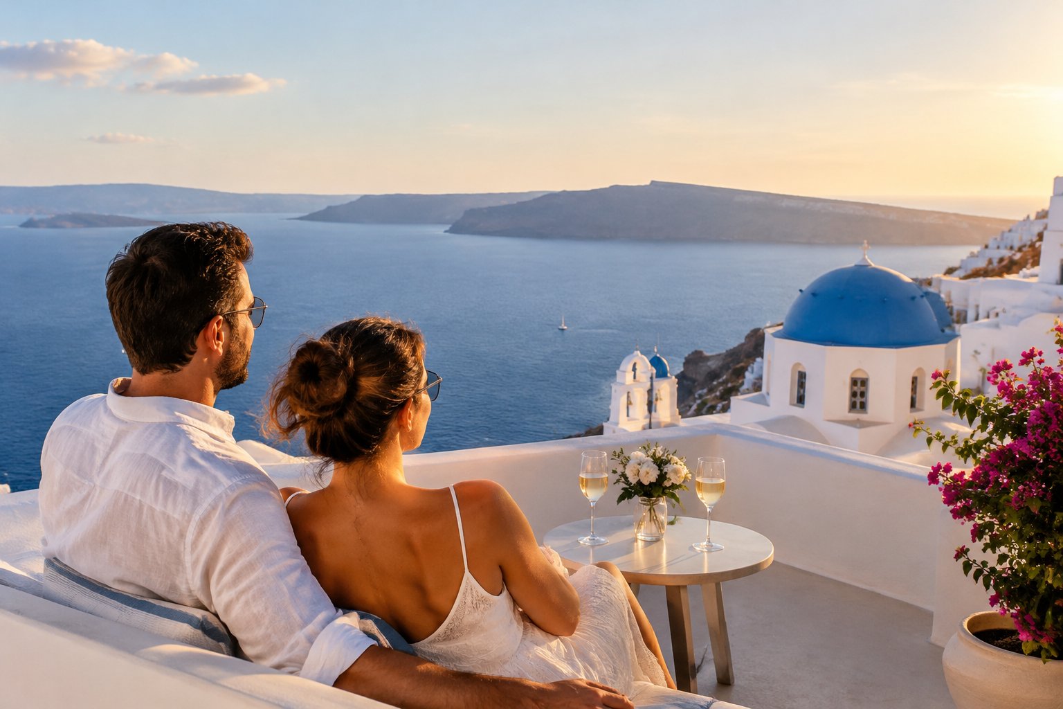 A couple shares a moment on a terrace overlooking the blue Aegean Sea and white Greek island buildings.
