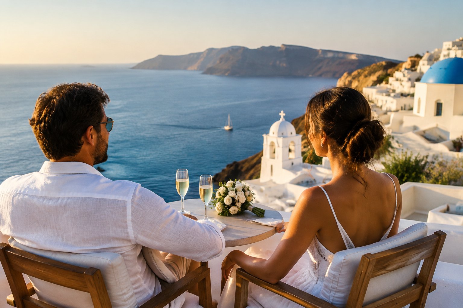 A newlywed couple shares a drink on a terrace overlooking the Aegean Sea and Santorini.