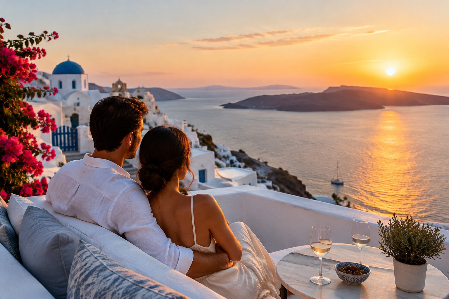 A couple watches the sunset over the Aegean Sea from a Greek island terrace.