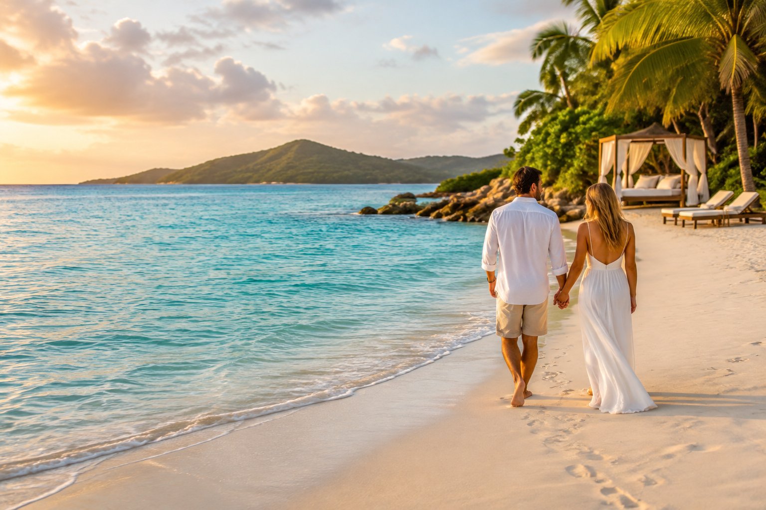 A newlywed couple walks hand in hand along a tropical Queensland beach.