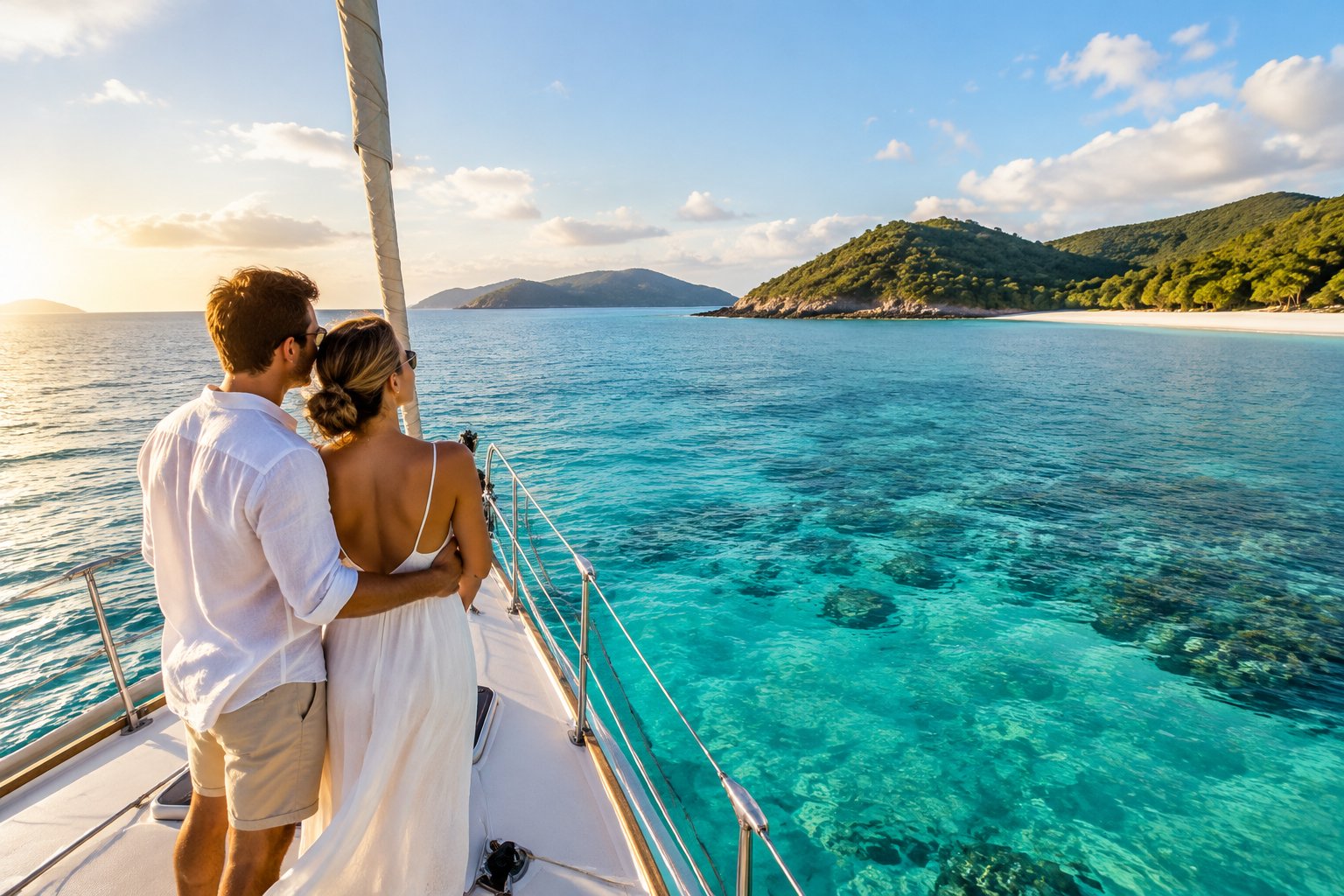 A newlywed couple stands together on a sailboat near a tropical island.