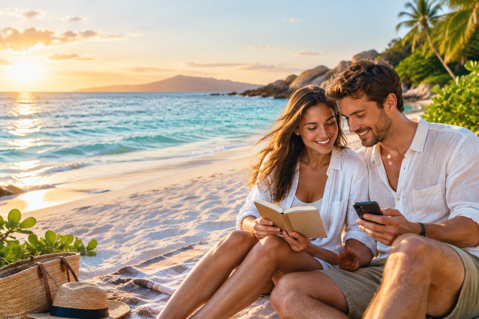 A newlywed couple plans a Queensland beach honeymoon together.