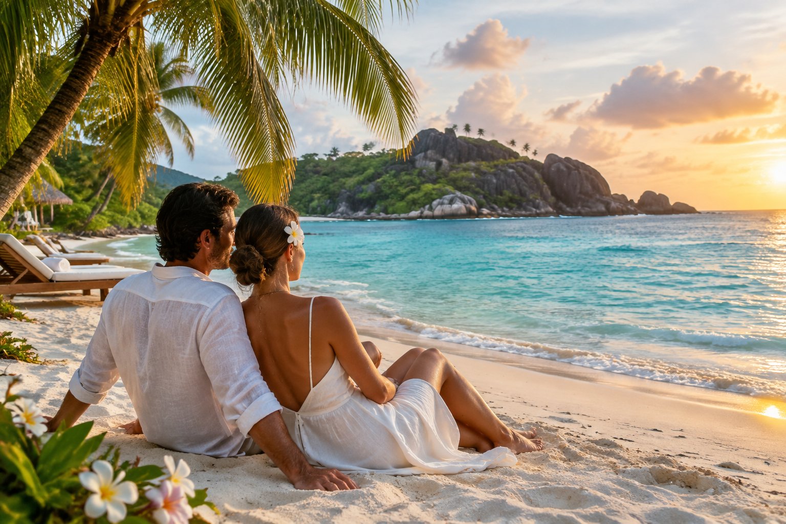 A newlywed couple sits together on a tropical beach overlooking turquoise water and granite islands.