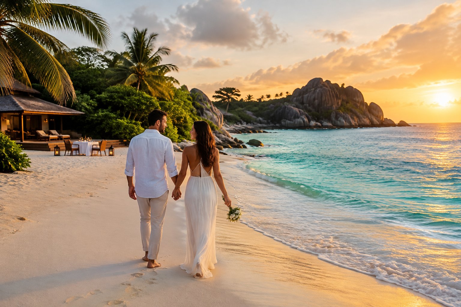 A newlywed couple walks along a tropical Seychelles beach beside turquoise water.