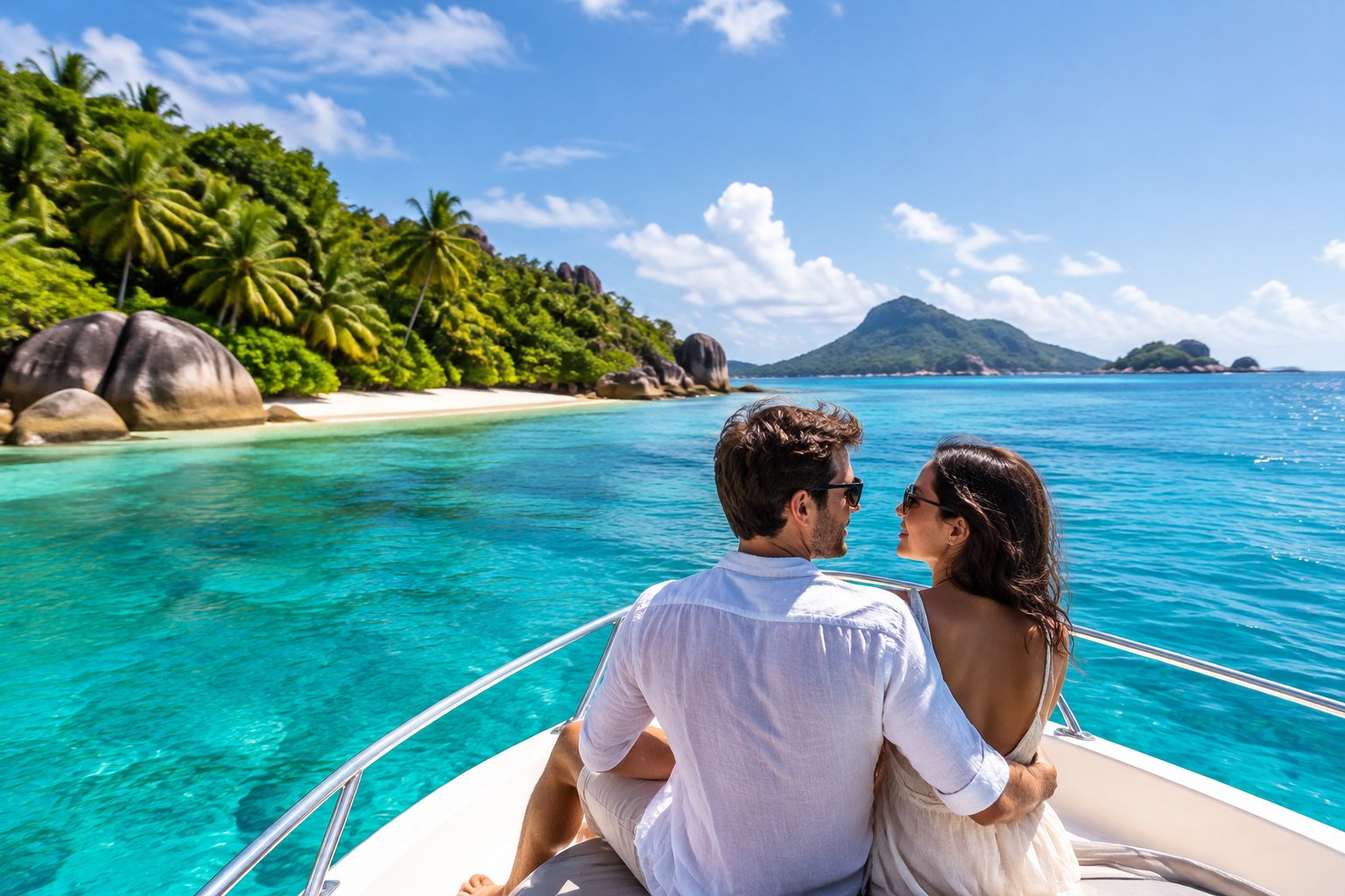 A couple on a boat traveling across turquoise water toward a tropical Seychelles island.