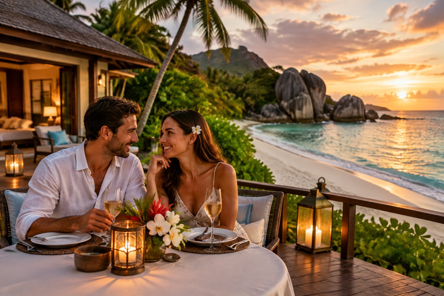 A couple shares a romantic dinner beside a tropical Seychelles beach at sunset.