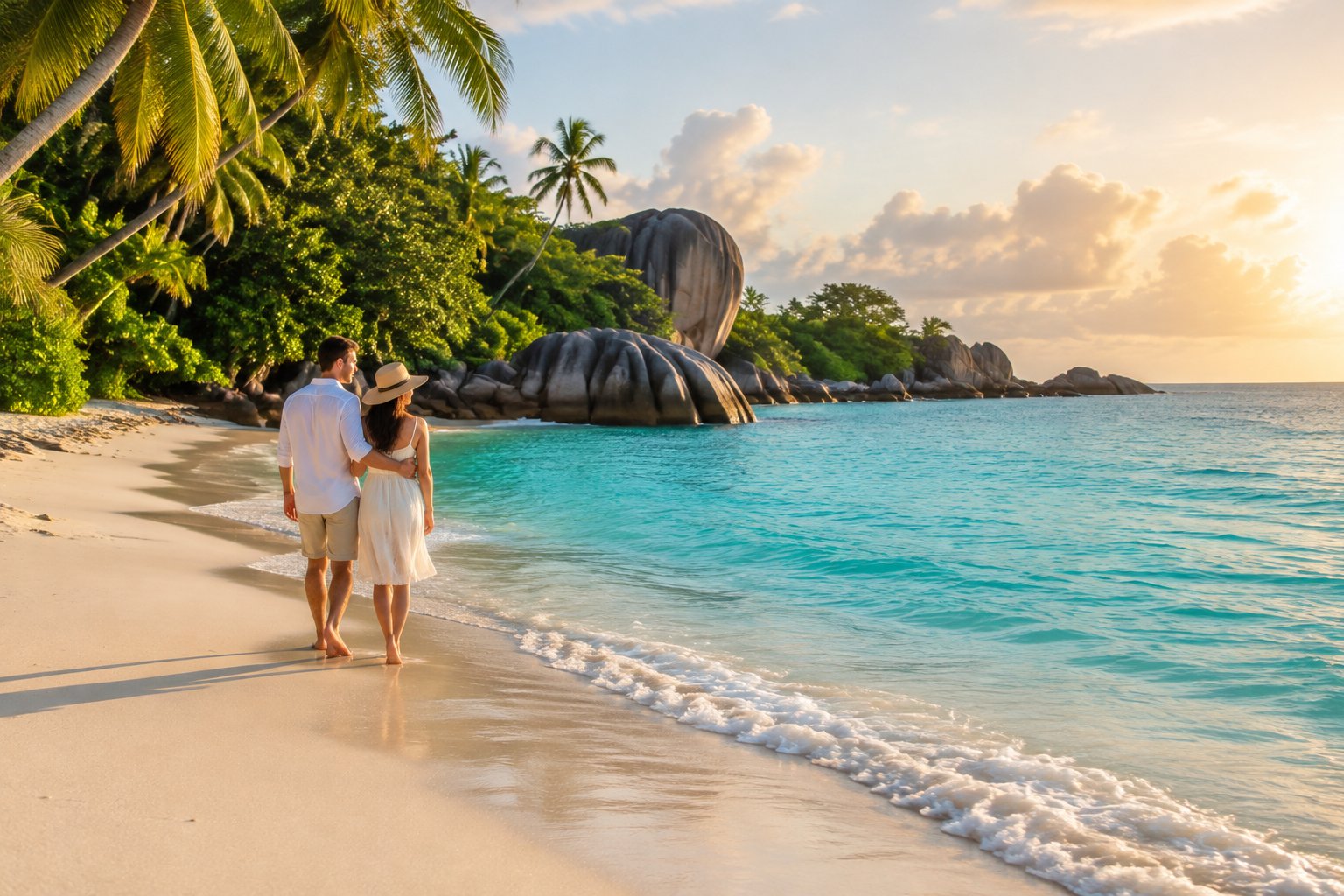 A couple walks together along a secluded beach in the Seychelles.