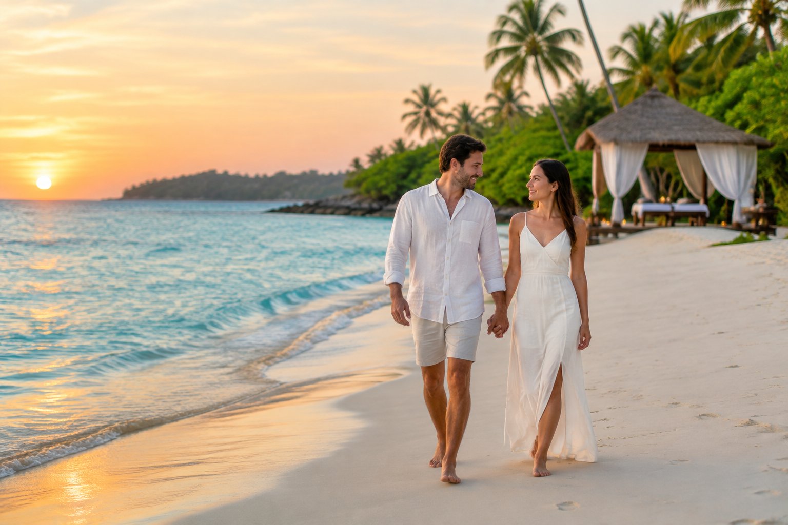 A couple walks hand in hand along a tropical beach near a beachfront spa.