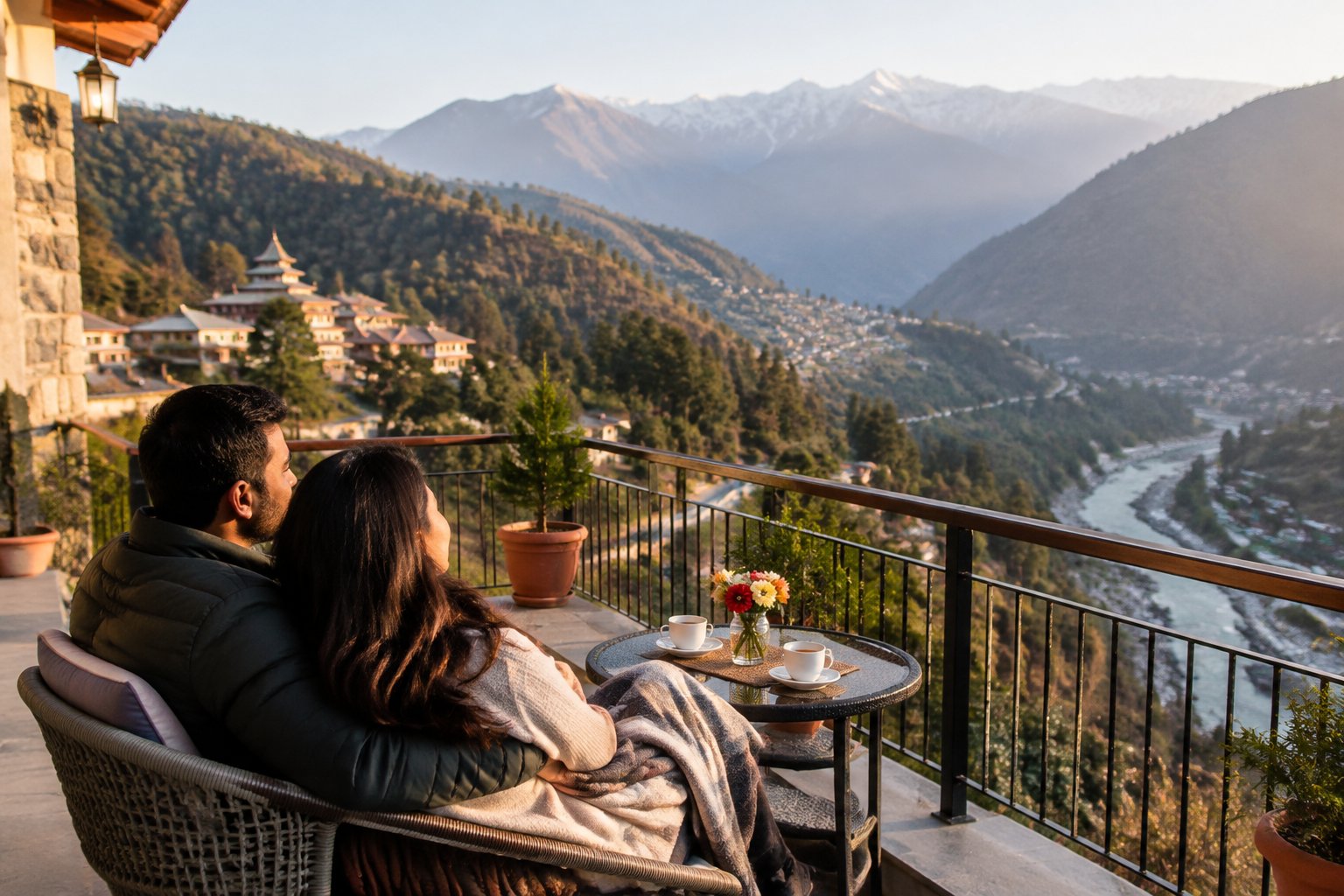 A newlywed couple relaxes on a mountain terrace overlooking the Chamba valley.
