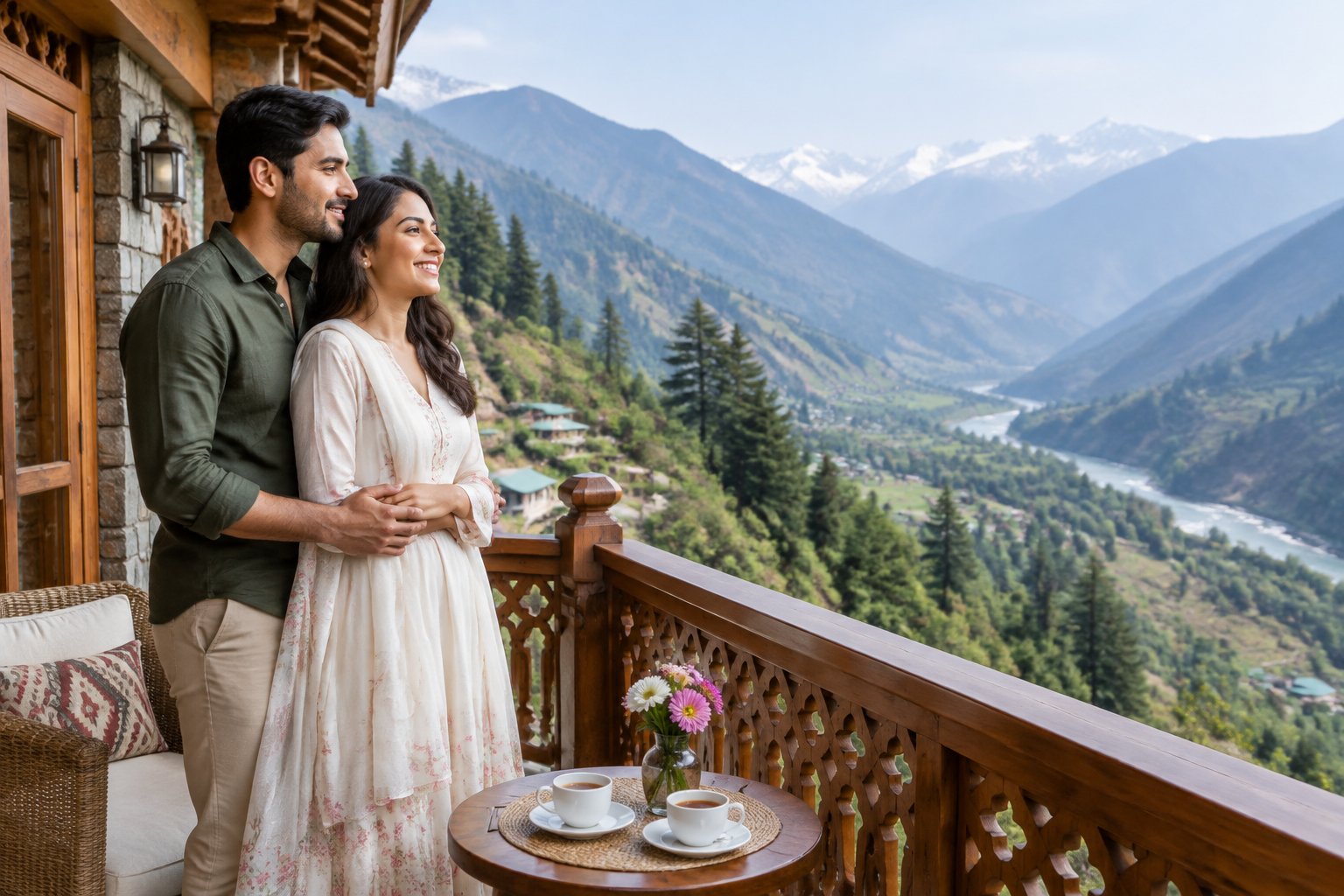 A newly married couple shares tea on a balcony overlooking the Chamba valley.