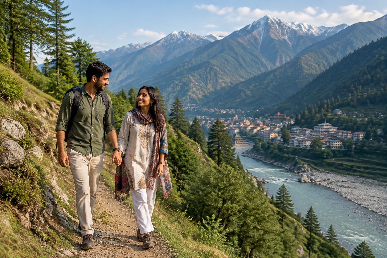 A couple walks hand in hand on a mountain trail overlooking Chamba and the Ravi River.