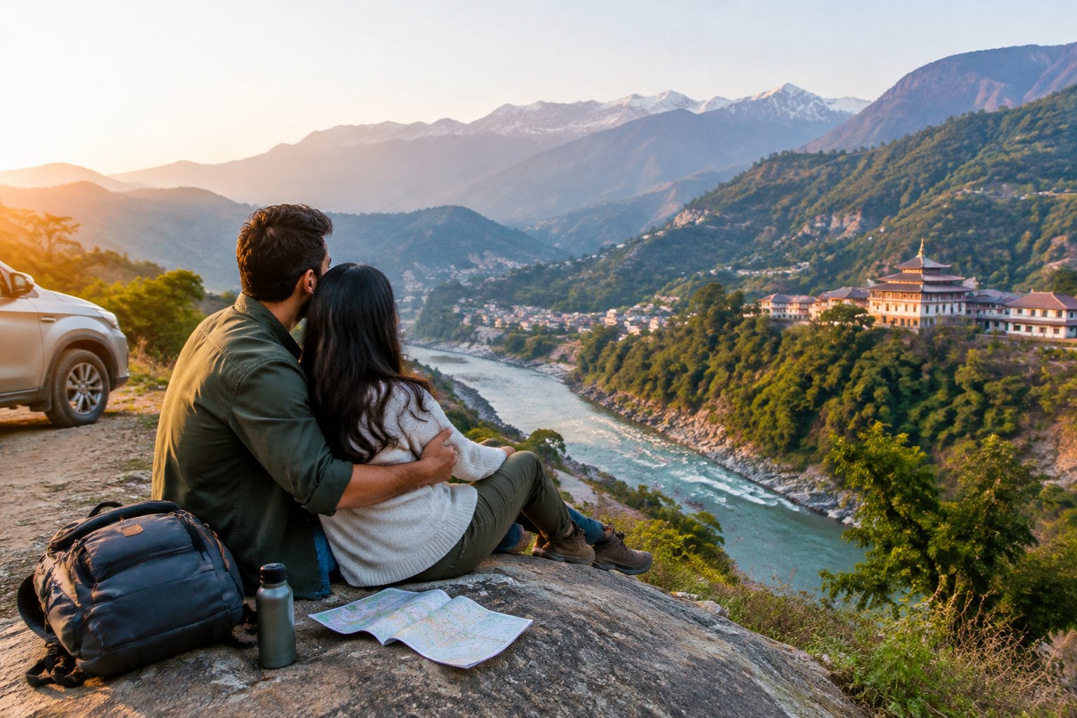 A couple shares a quiet moment at a scenic viewpoint overlooking the Chamba valley.