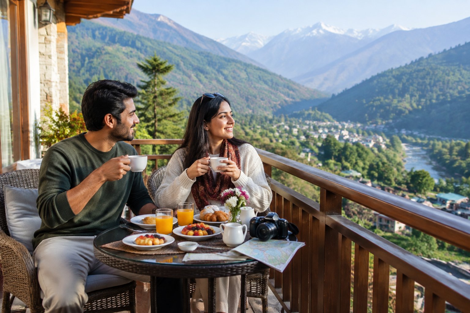 A newlywed couple shares breakfast on a balcony overlooking a green Himalayan valley.