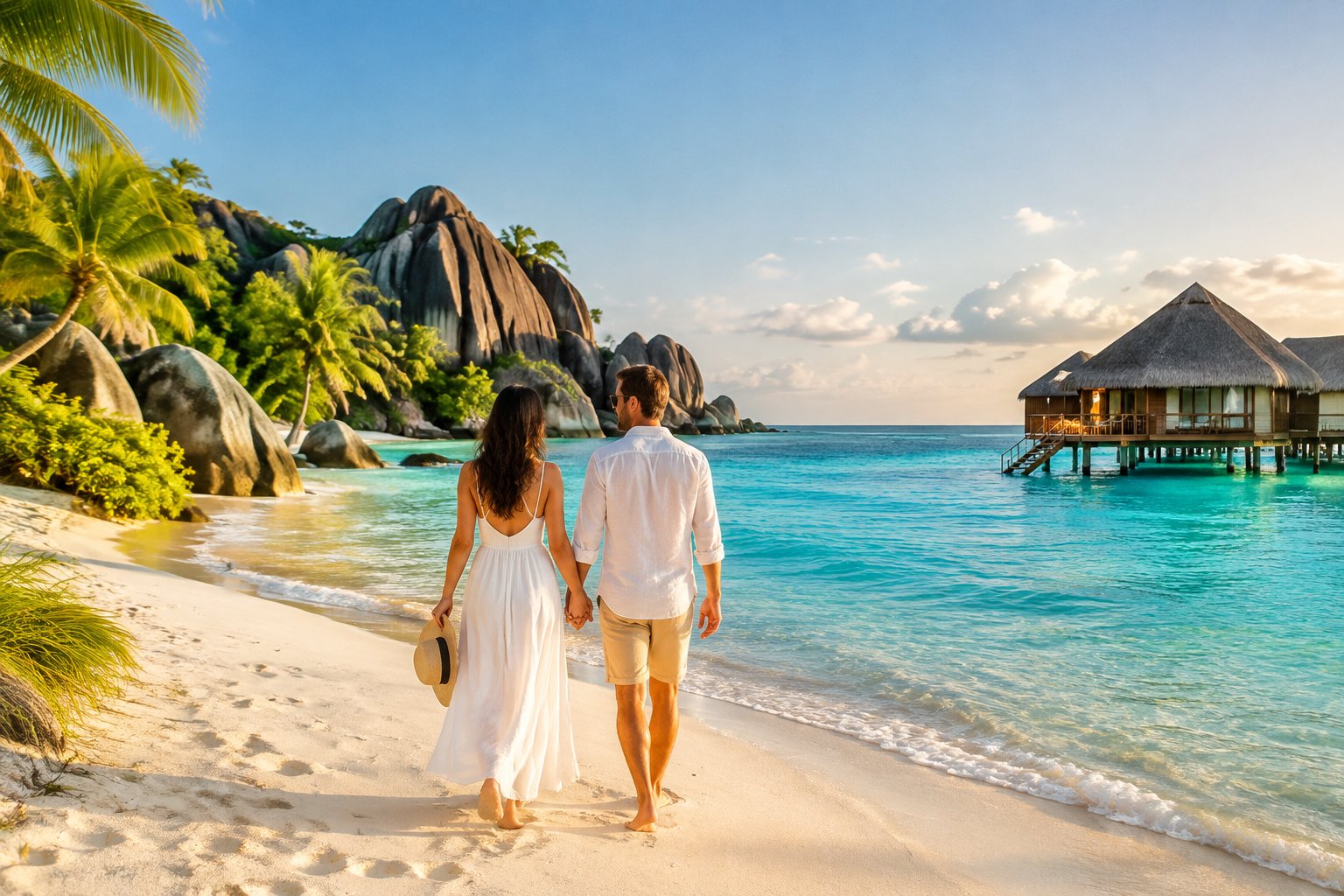 A couple strolls along a tropical beach between granite boulders and an overwater villa.