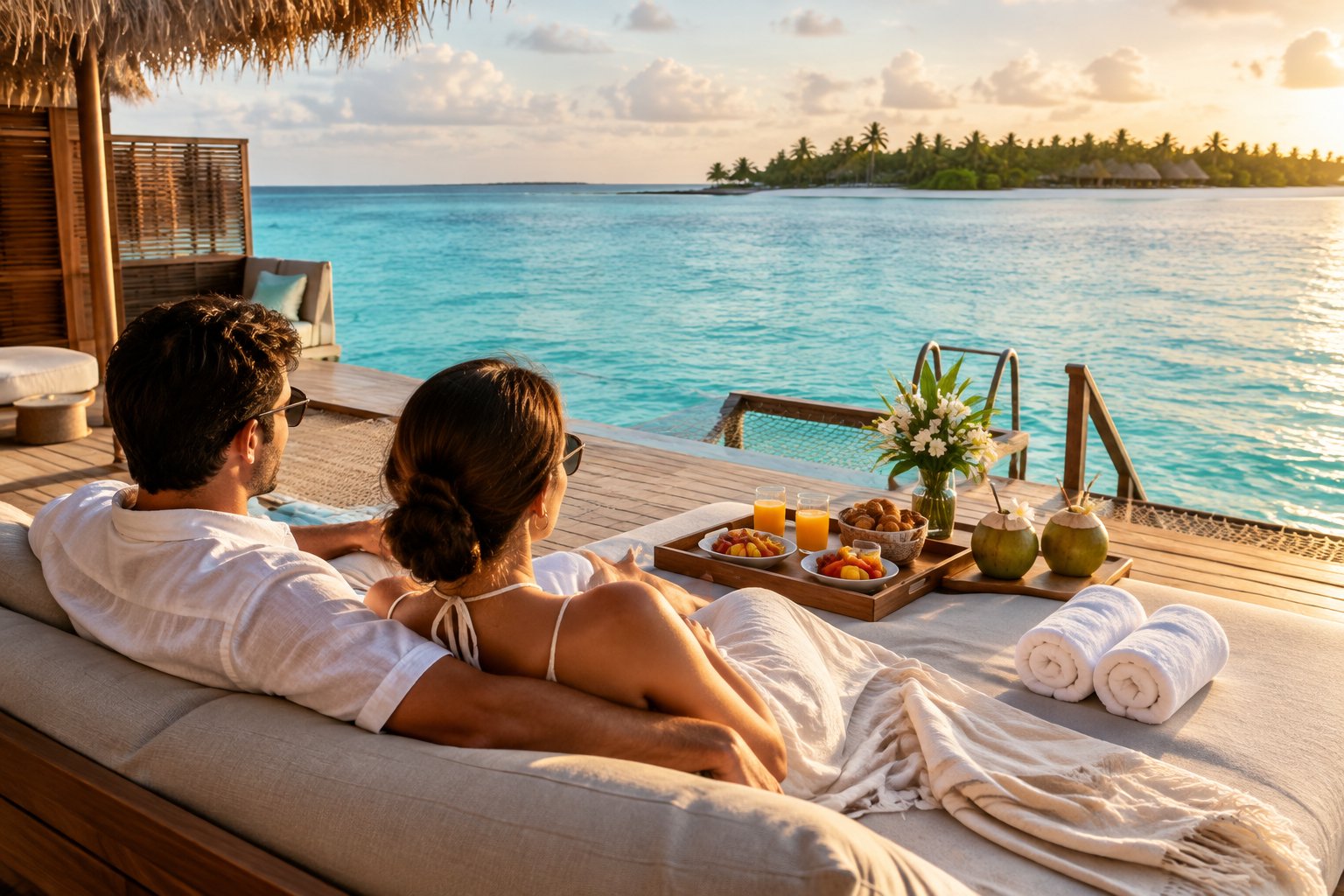A couple enjoys breakfast together on a tropical overwater villa deck.