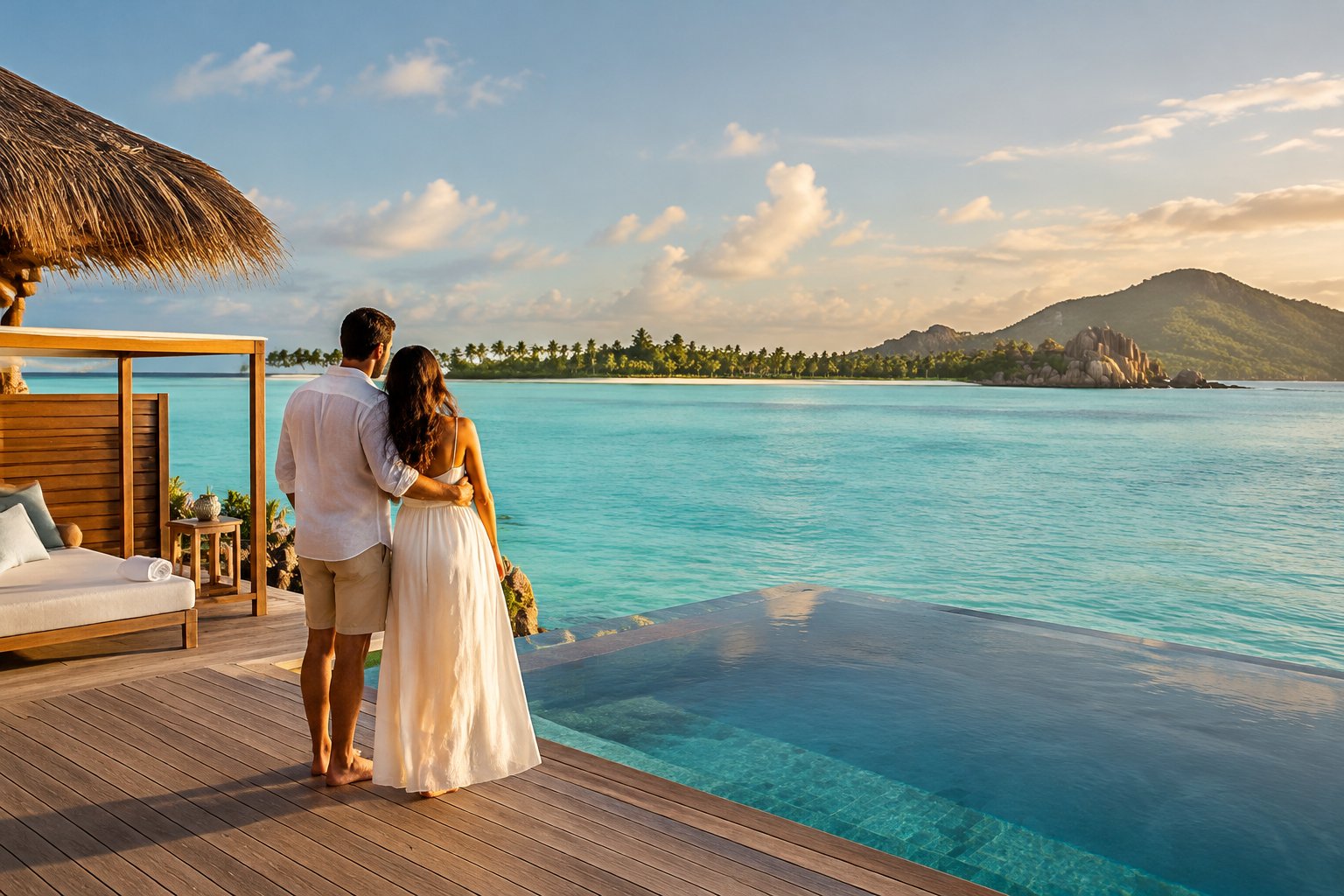 A couple on an overwater villa deck looks across a tropical lagoon.