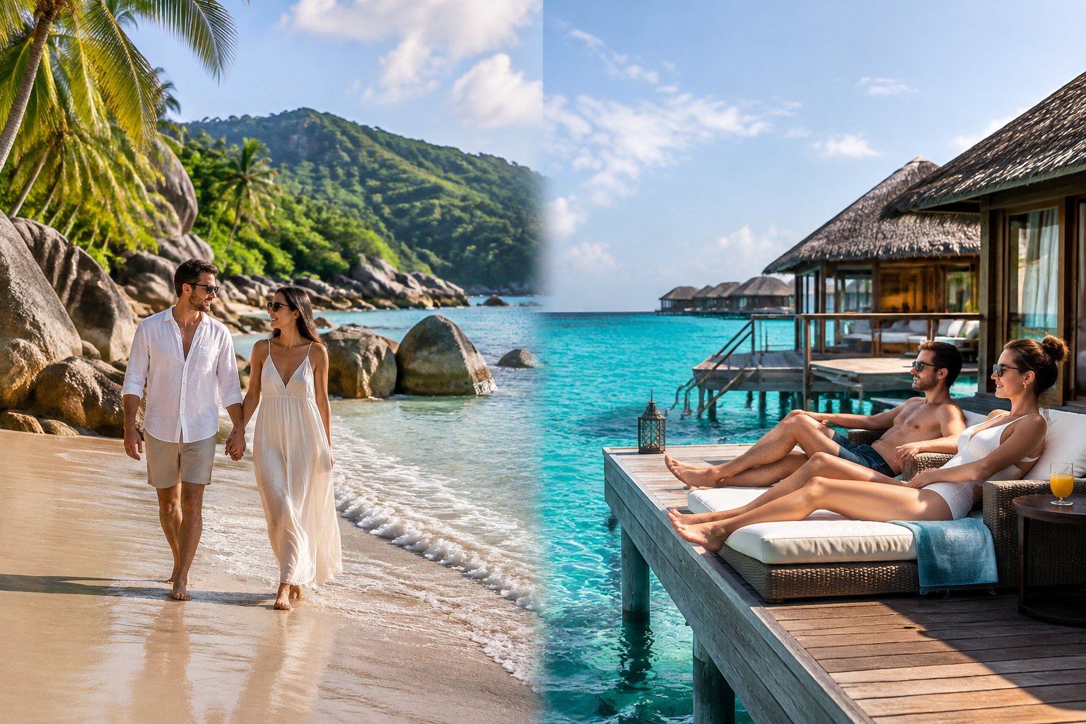 Two honeymoon couples enjoy a tropical beach and an overwater villa.