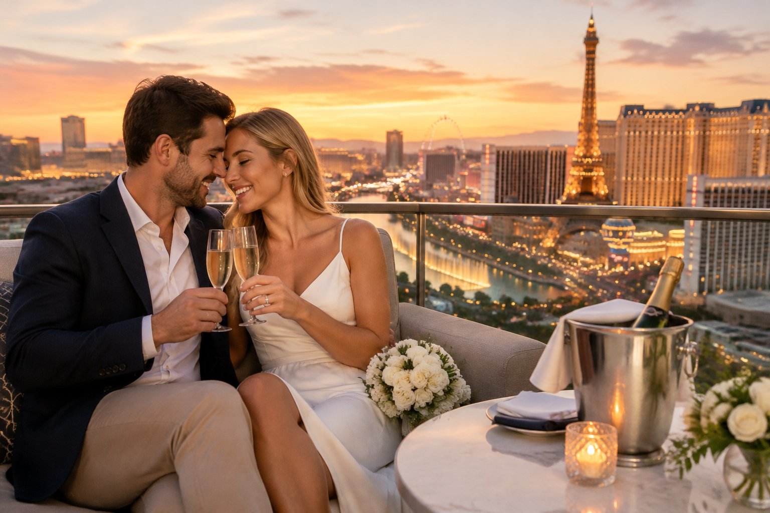 A newlywed couple shares a romantic moment on a rooftop overlooking the Las Vegas Strip.