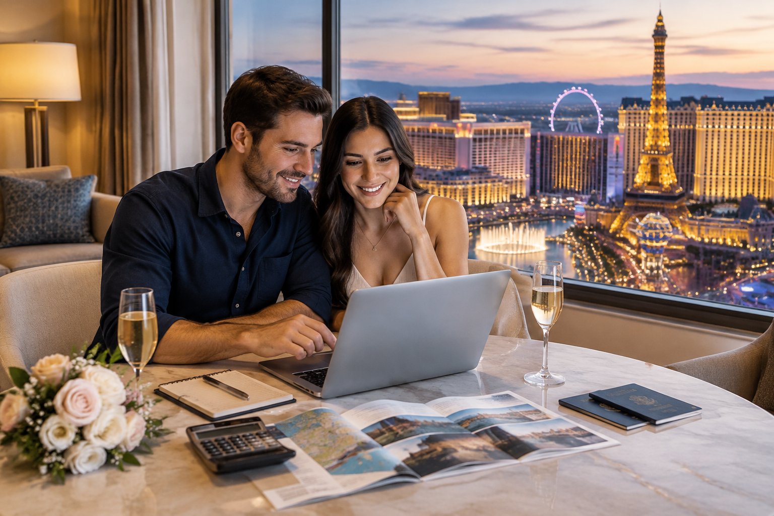 A newlywed couple reviews travel plans together in a hotel suite overlooking the Las Vegas Strip.