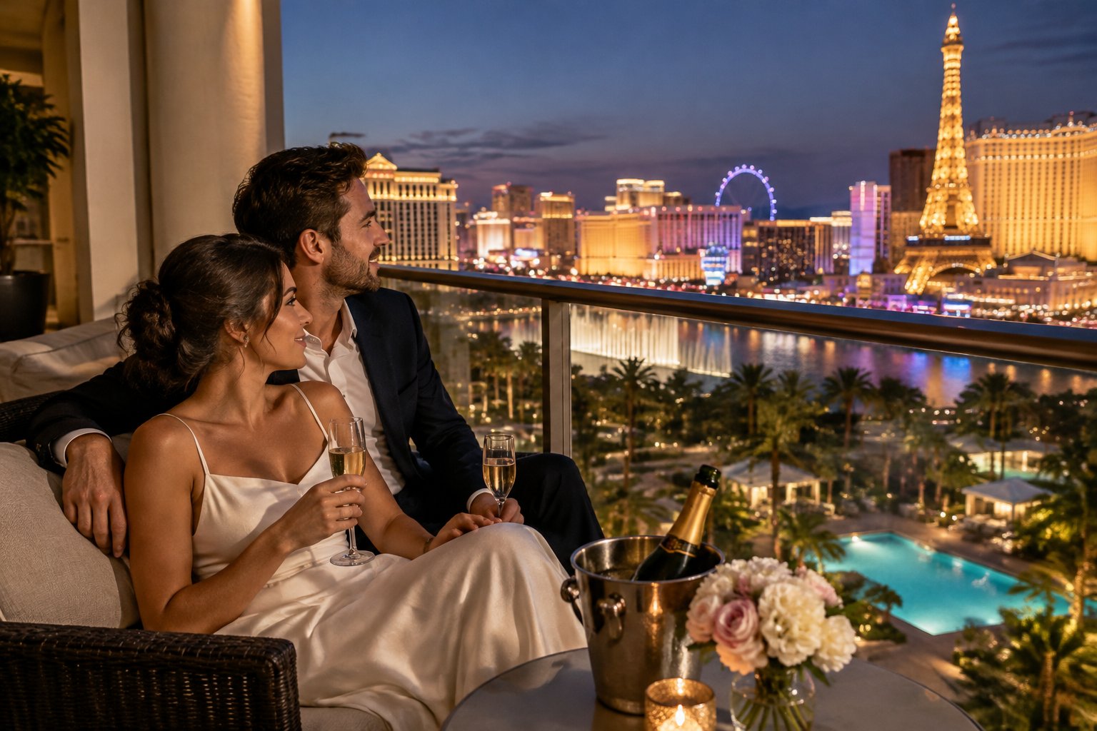 A newlywed couple shares a romantic moment on a hotel balcony overlooking the Las Vegas Strip.
