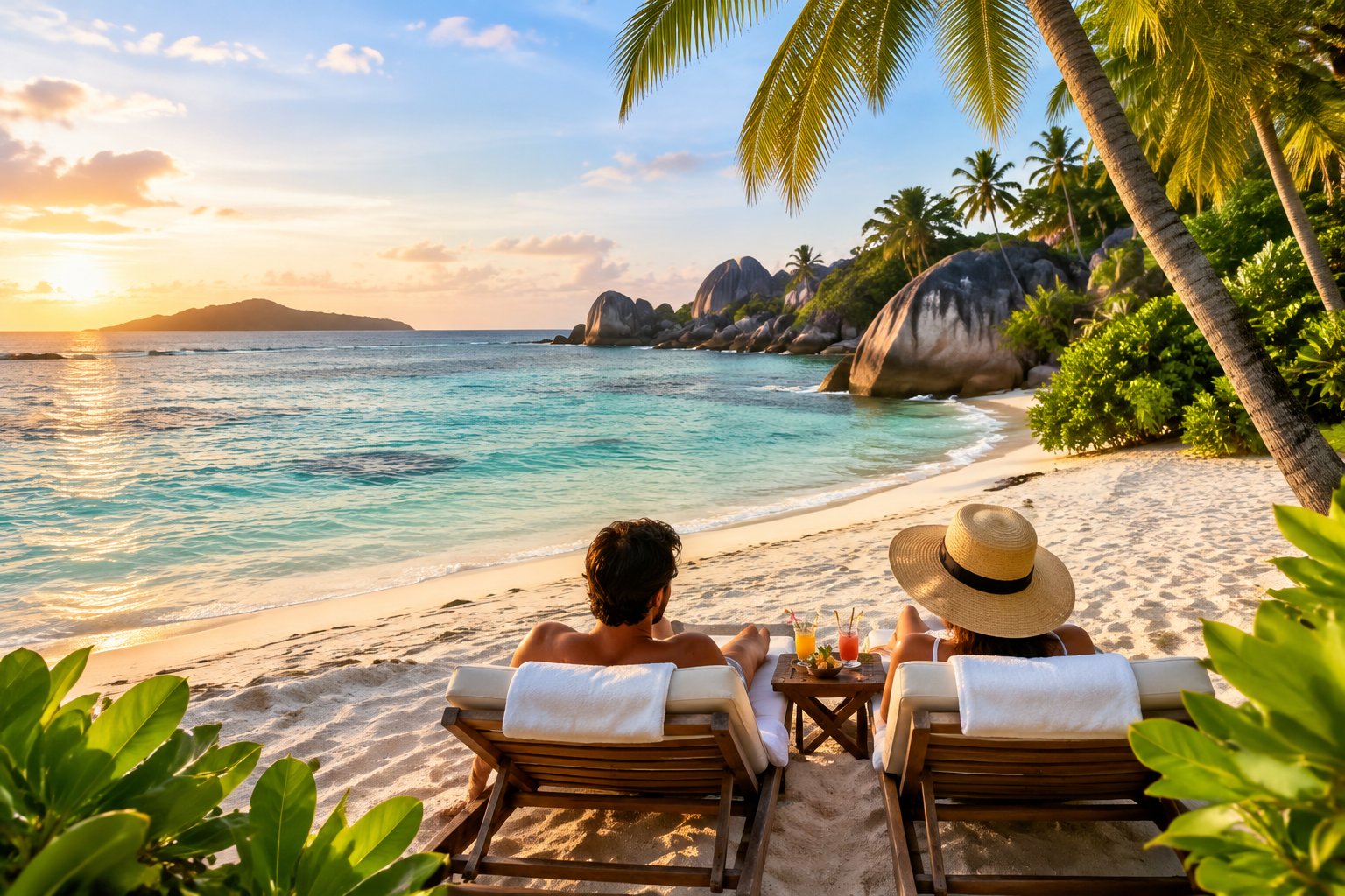 A couple relaxes together on a tropical beach in the Seychelles.