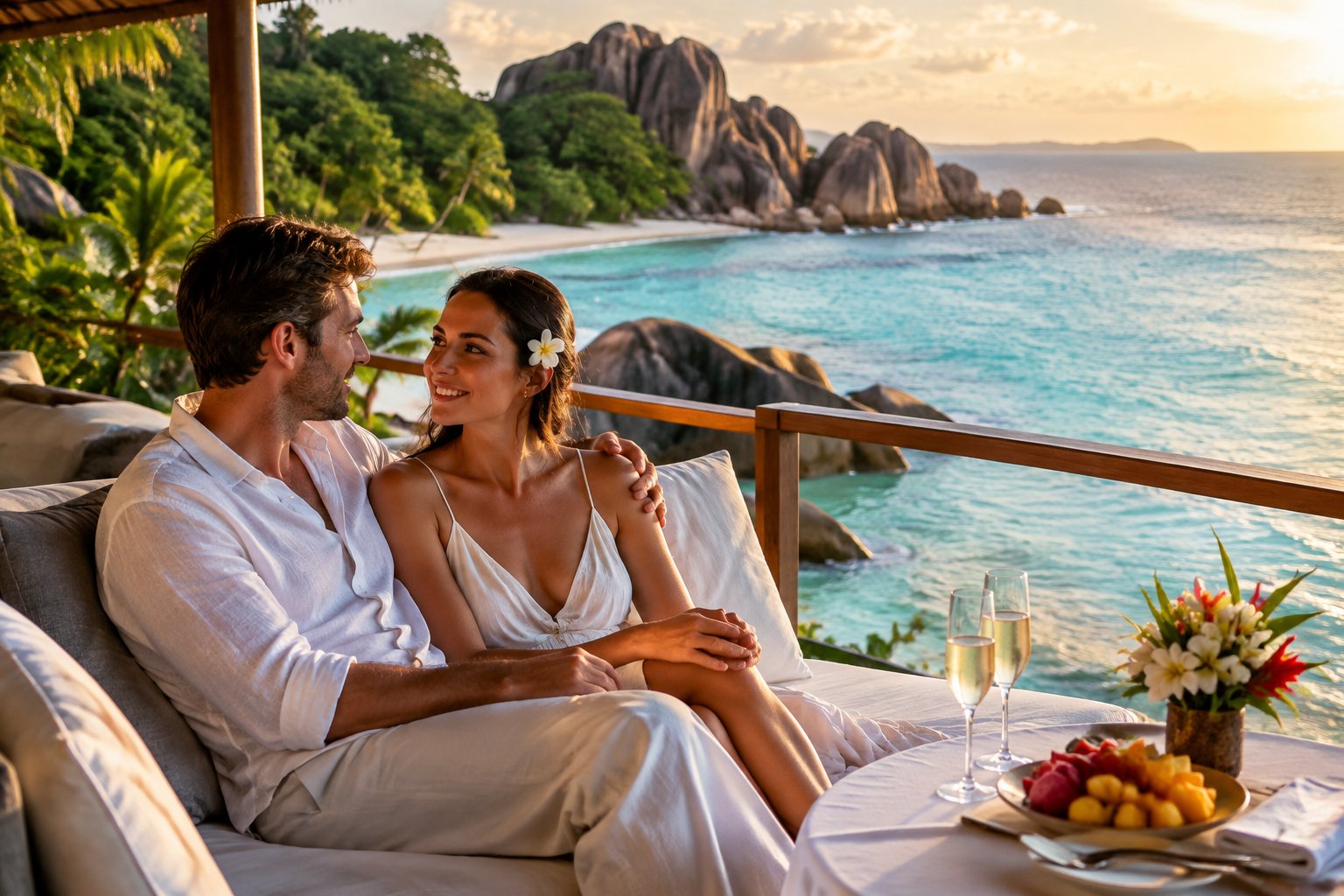 A couple shares a quiet moment on a tropical beach terrace overlooking the ocean.