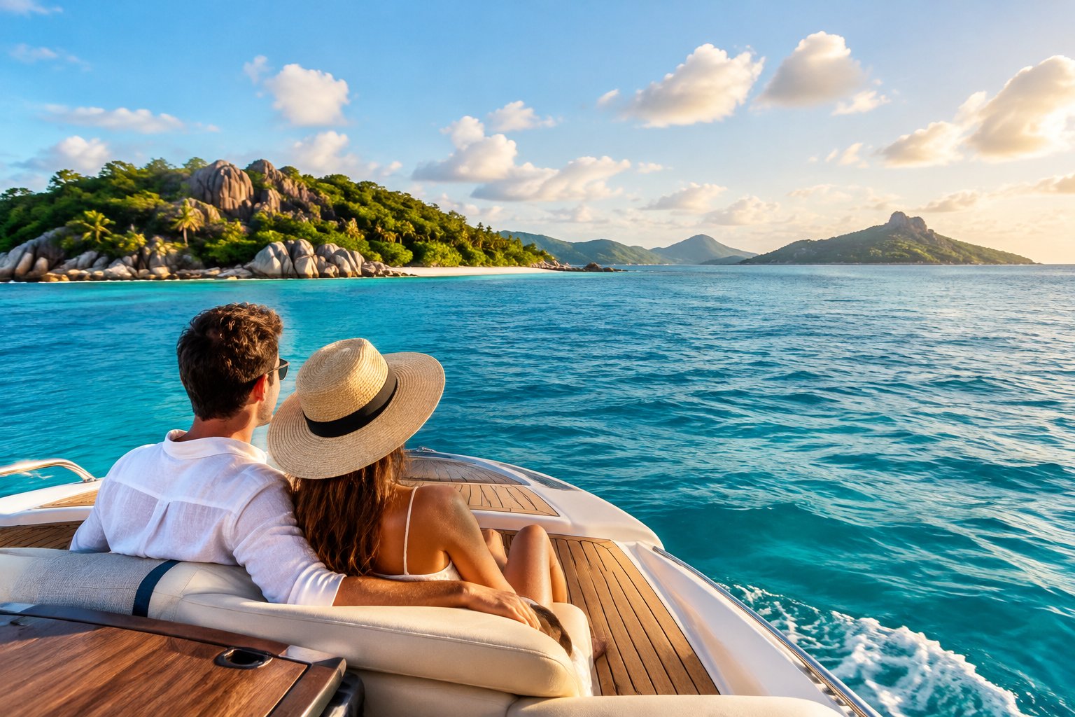 A couple rides a boat toward tropical islands in the Seychelles.