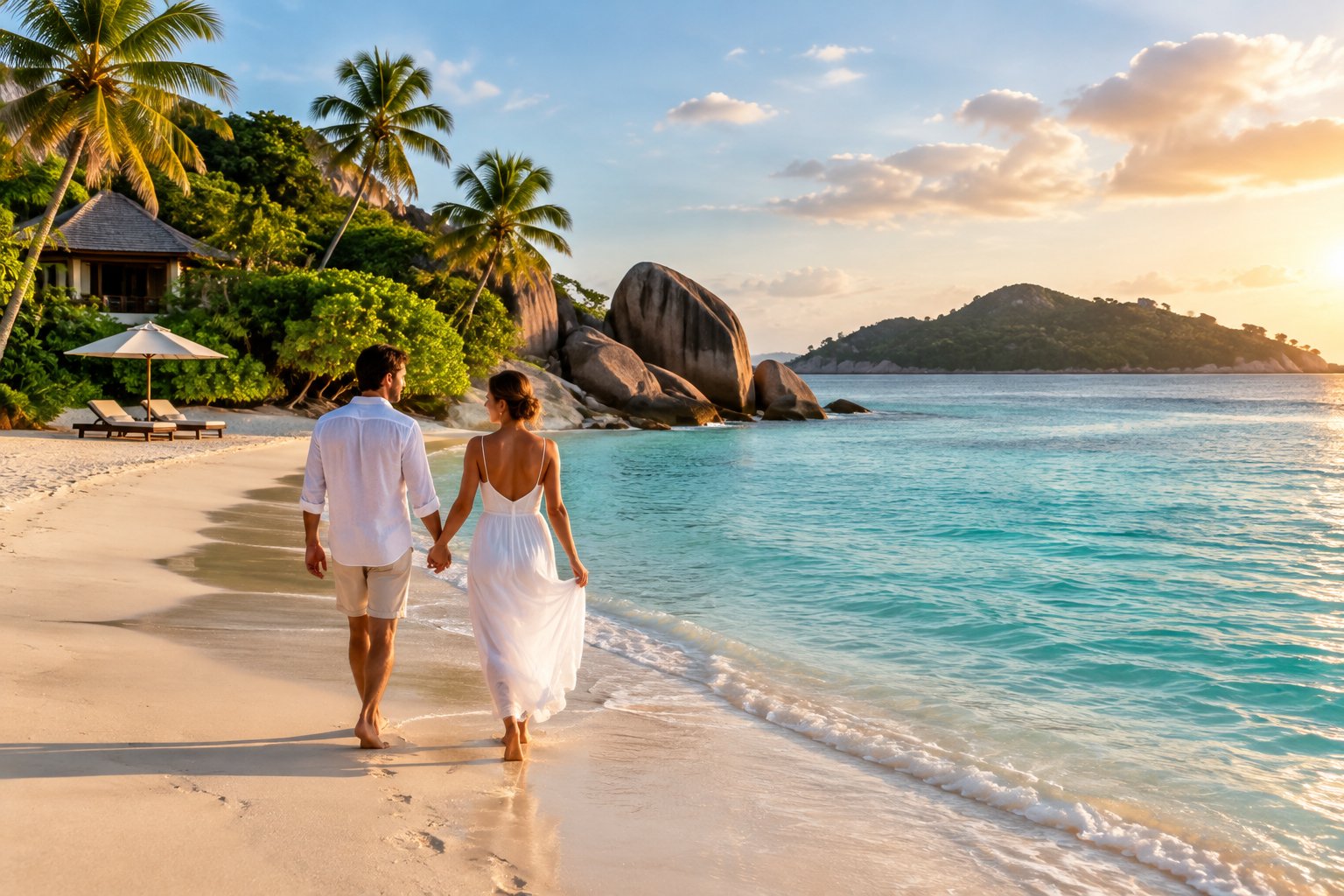 A couple walks along a Seychelles beach toward a turquoise lagoon and a forested island.