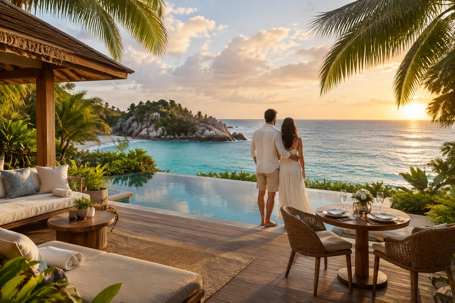 A couple looks out over the ocean from a private island villa terrace.