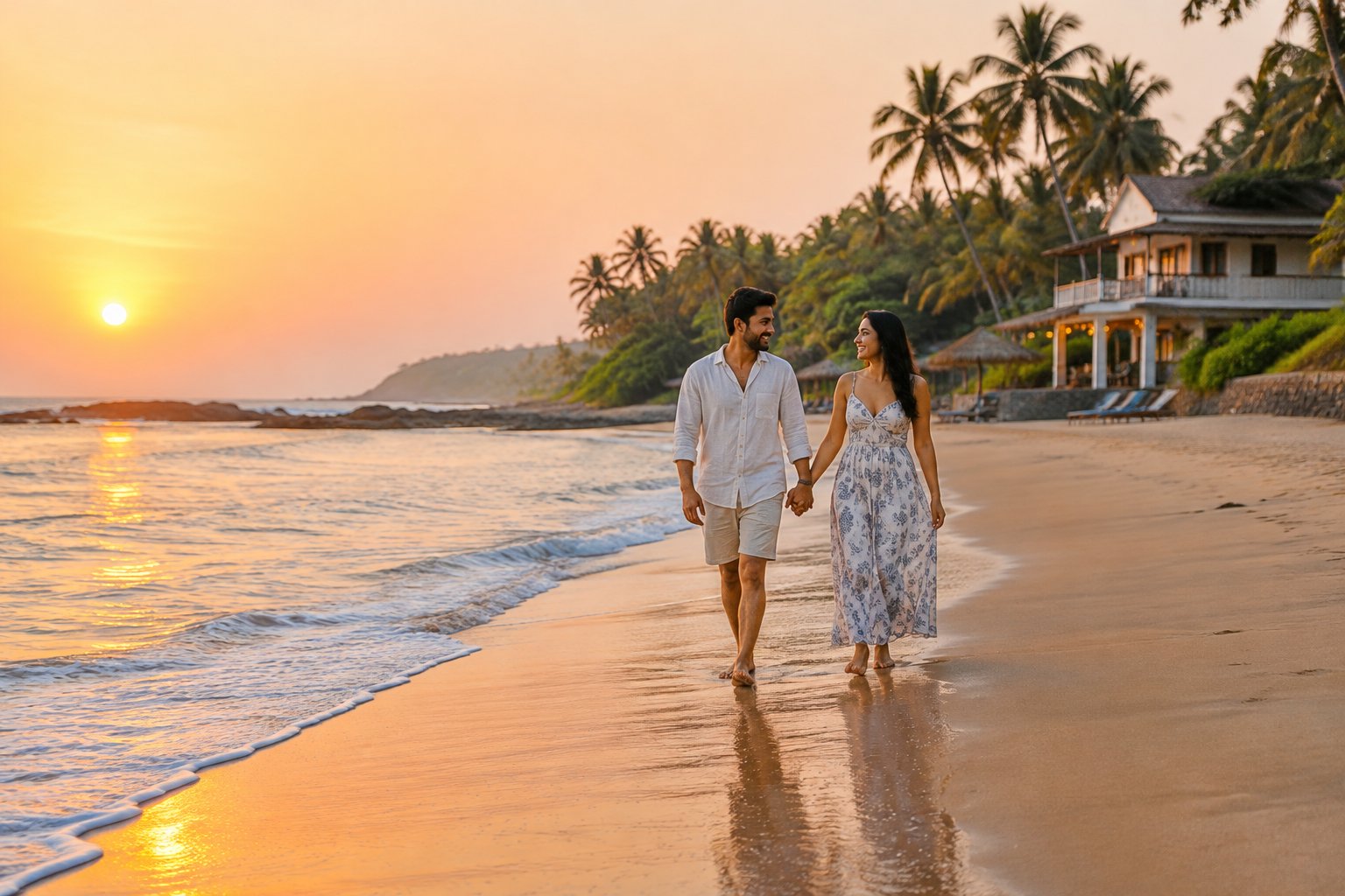 A newlywed couple walks together along a tropical beach in Goa.
