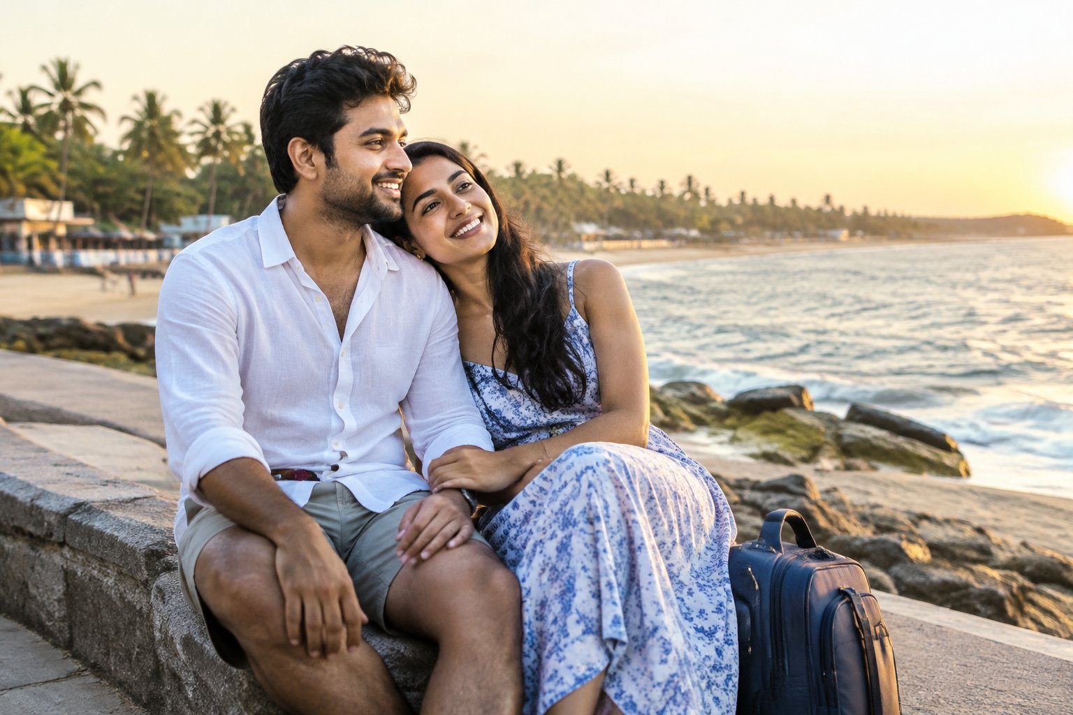 A newlywed couple sits together by the sea on an Indian beach.