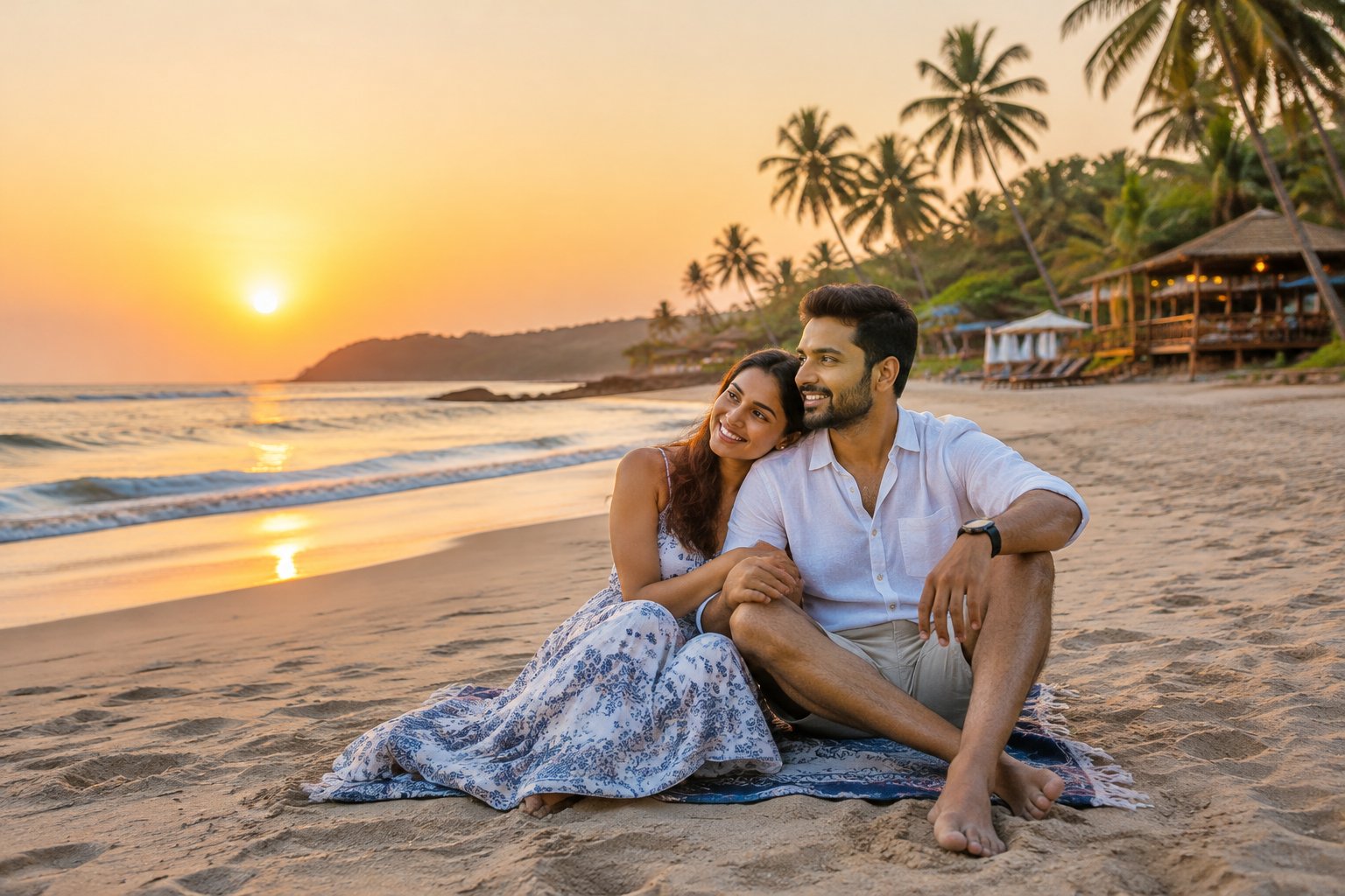 A newlywed couple shares a quiet moment on a palm-lined beach in Goa.