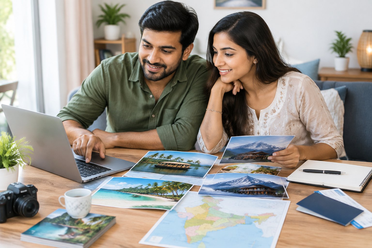 A couple compares travel brochures and destinations at a desk.