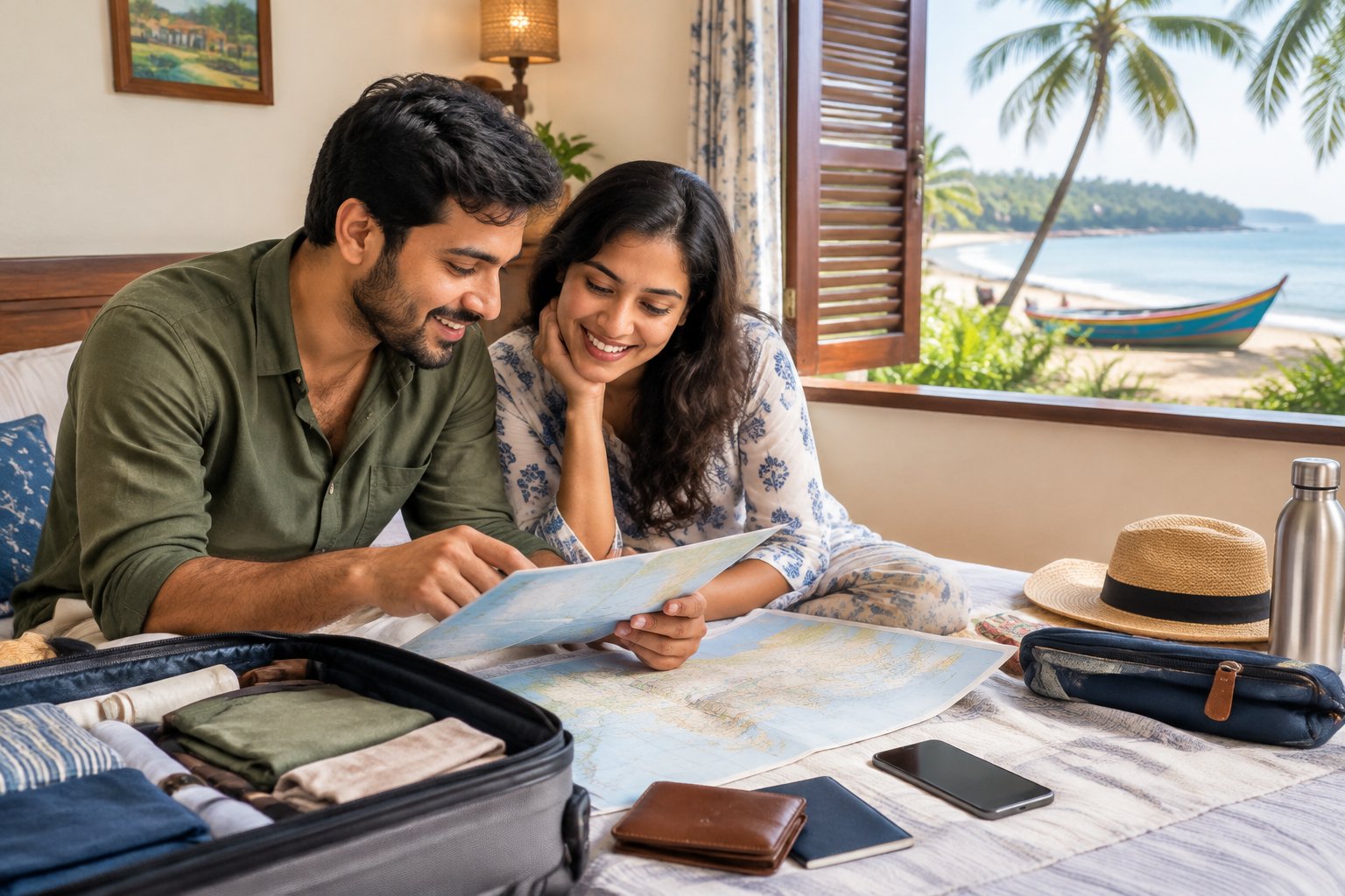 A newlywed couple plans an affordable trip together at a guesthouse near an Indian beach.