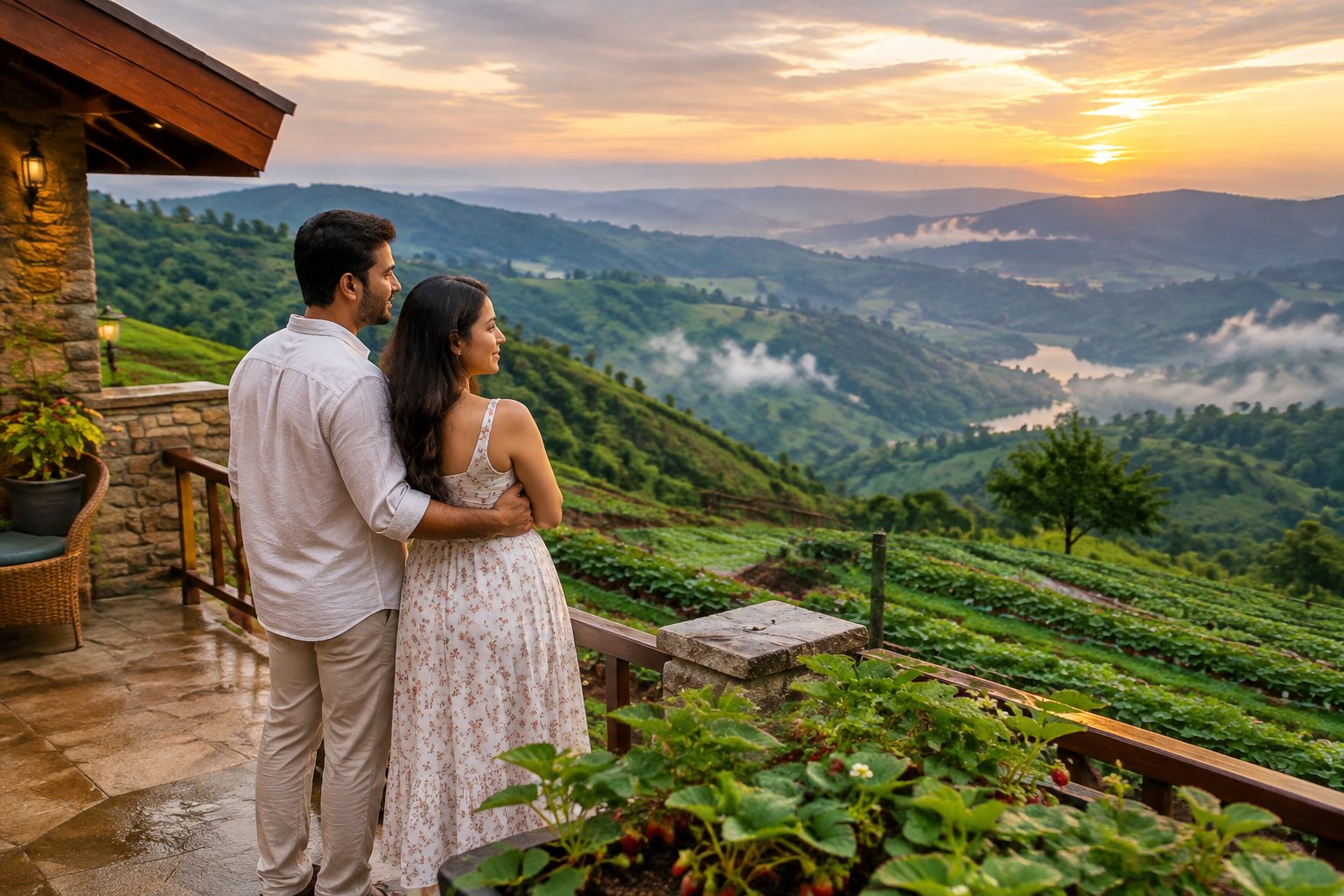 A newlywed couple admires the green valleys of Mahabaleshwar from a hillside terrace.