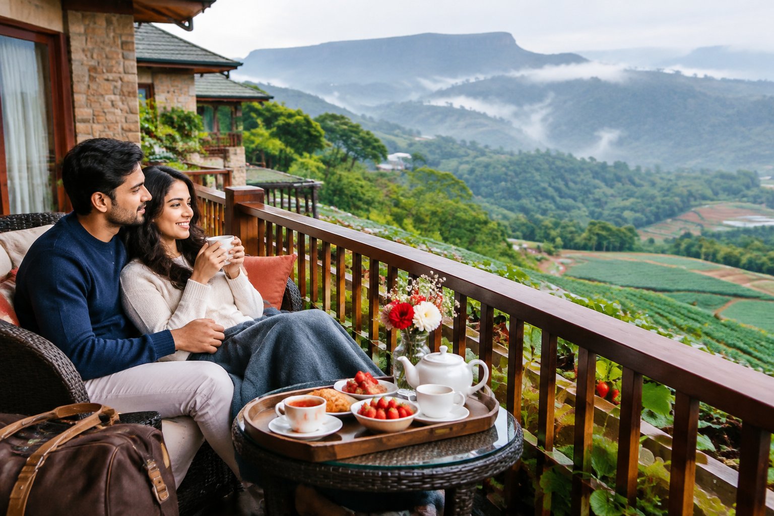 A newlywed couple shares breakfast on a resort balcony overlooking the green hills of Mahabaleshwar.