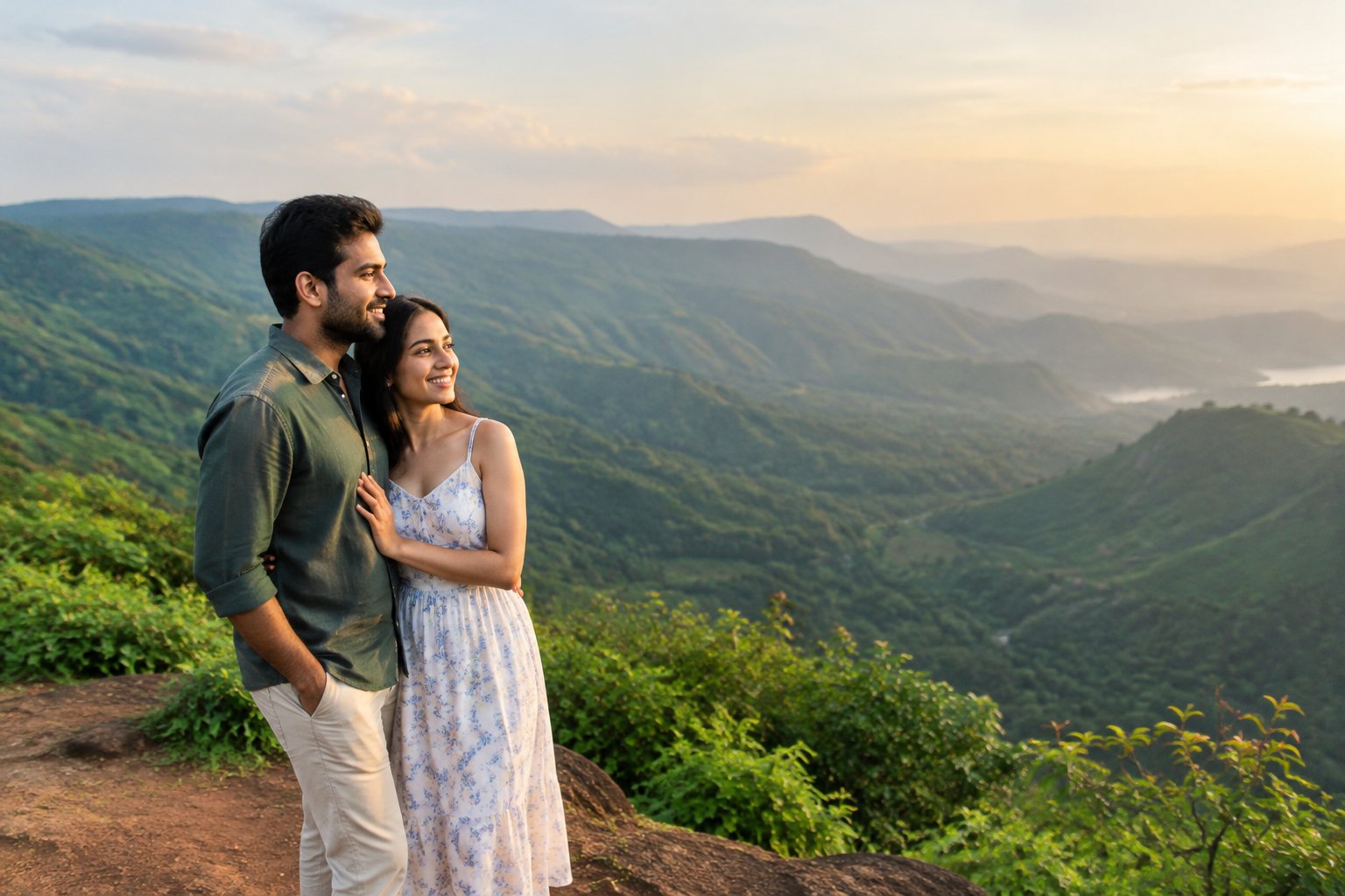 A couple shares a quiet moment at a scenic viewpoint overlooking the green hills of Mahabaleshwar.