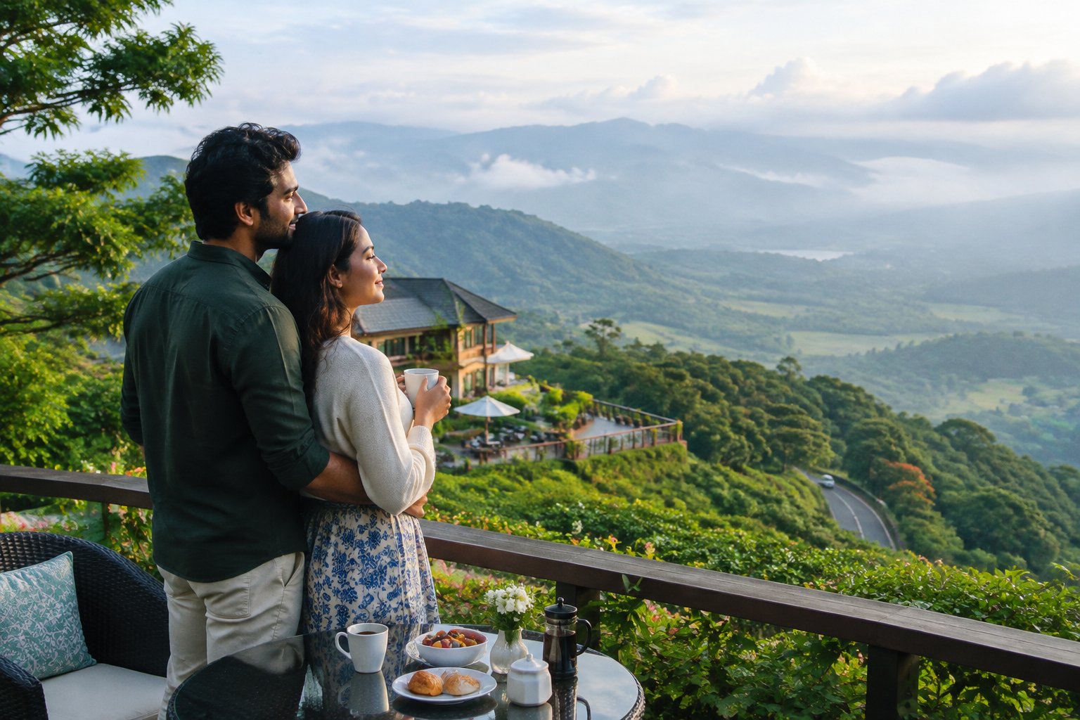 A couple shares a quiet moment at a hilltop viewpoint overlooking the green Mahabaleshwar hills.