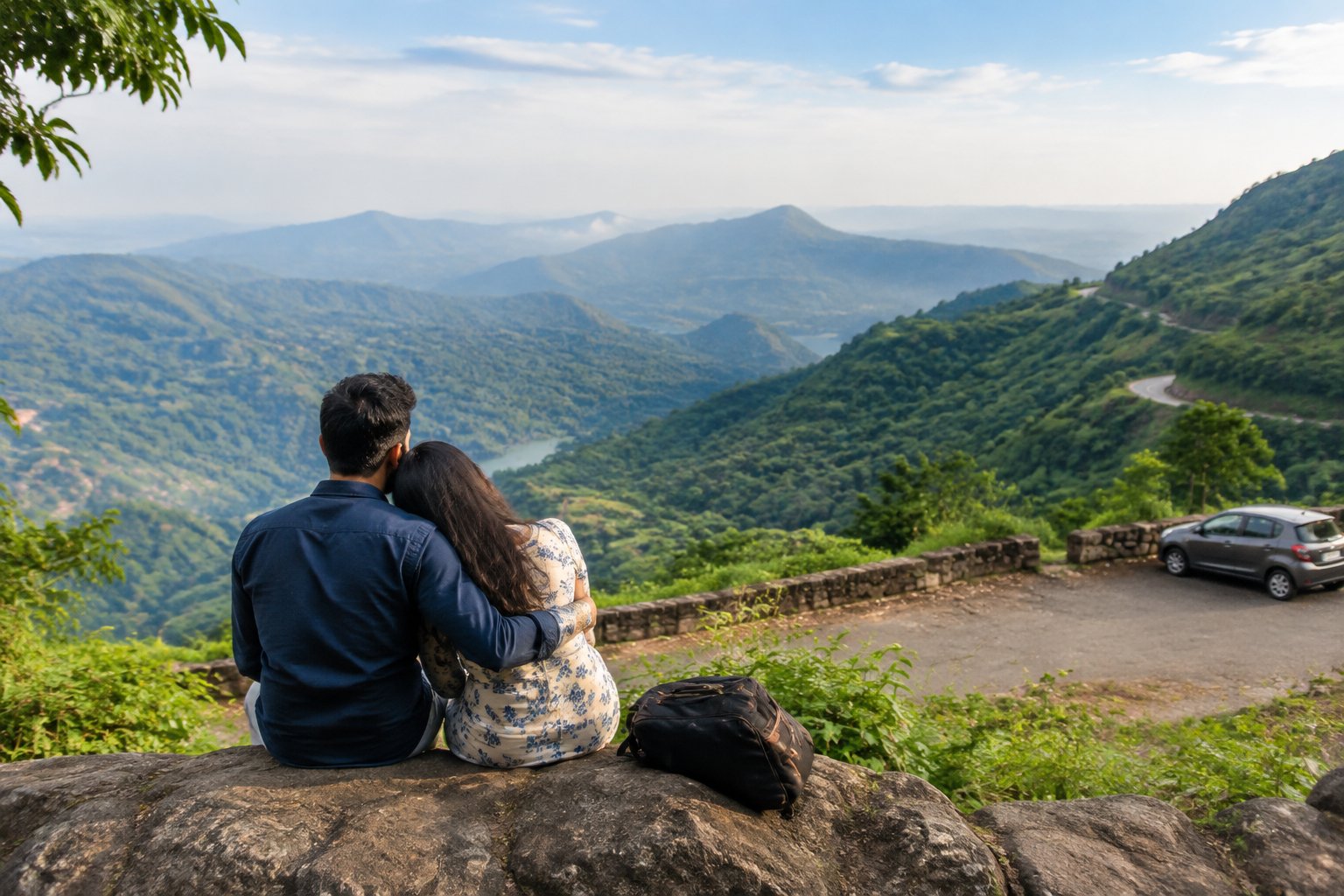 A couple admires a green mountain valley from a scenic viewpoint in Mahabaleshwar.