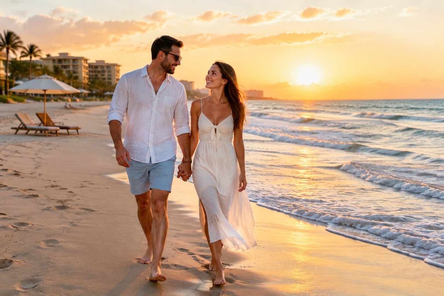 A newlywed couple walks hand in hand along a beach beside the Gulf.