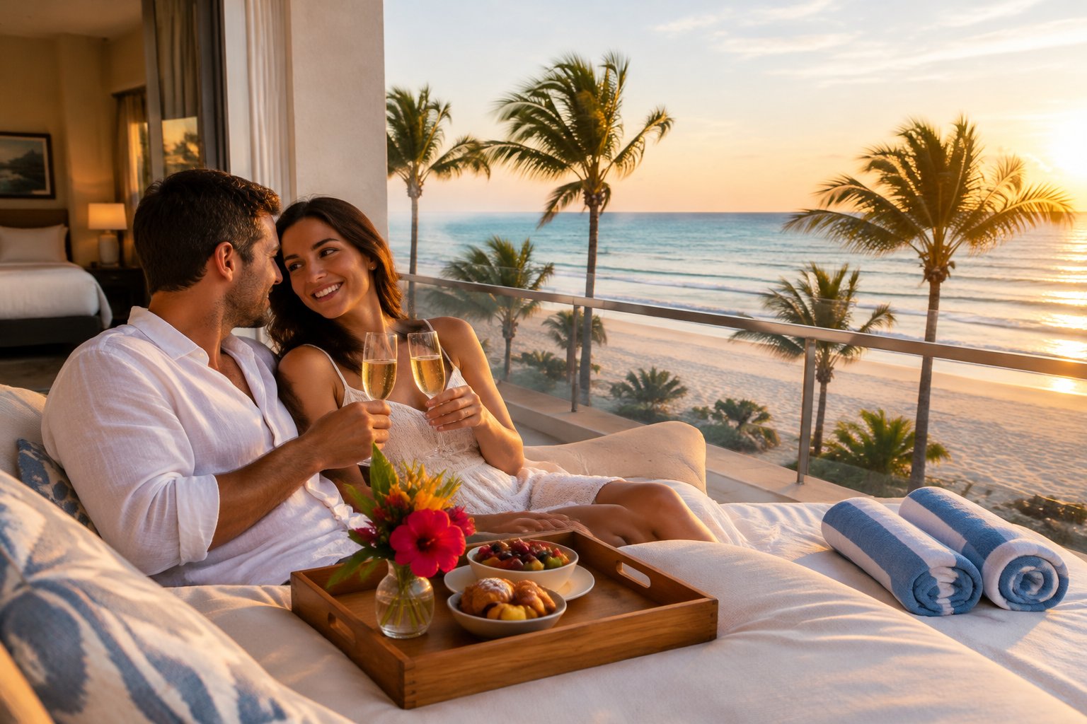 A newlywed couple shares breakfast on a terrace overlooking a South Padre Island beach.