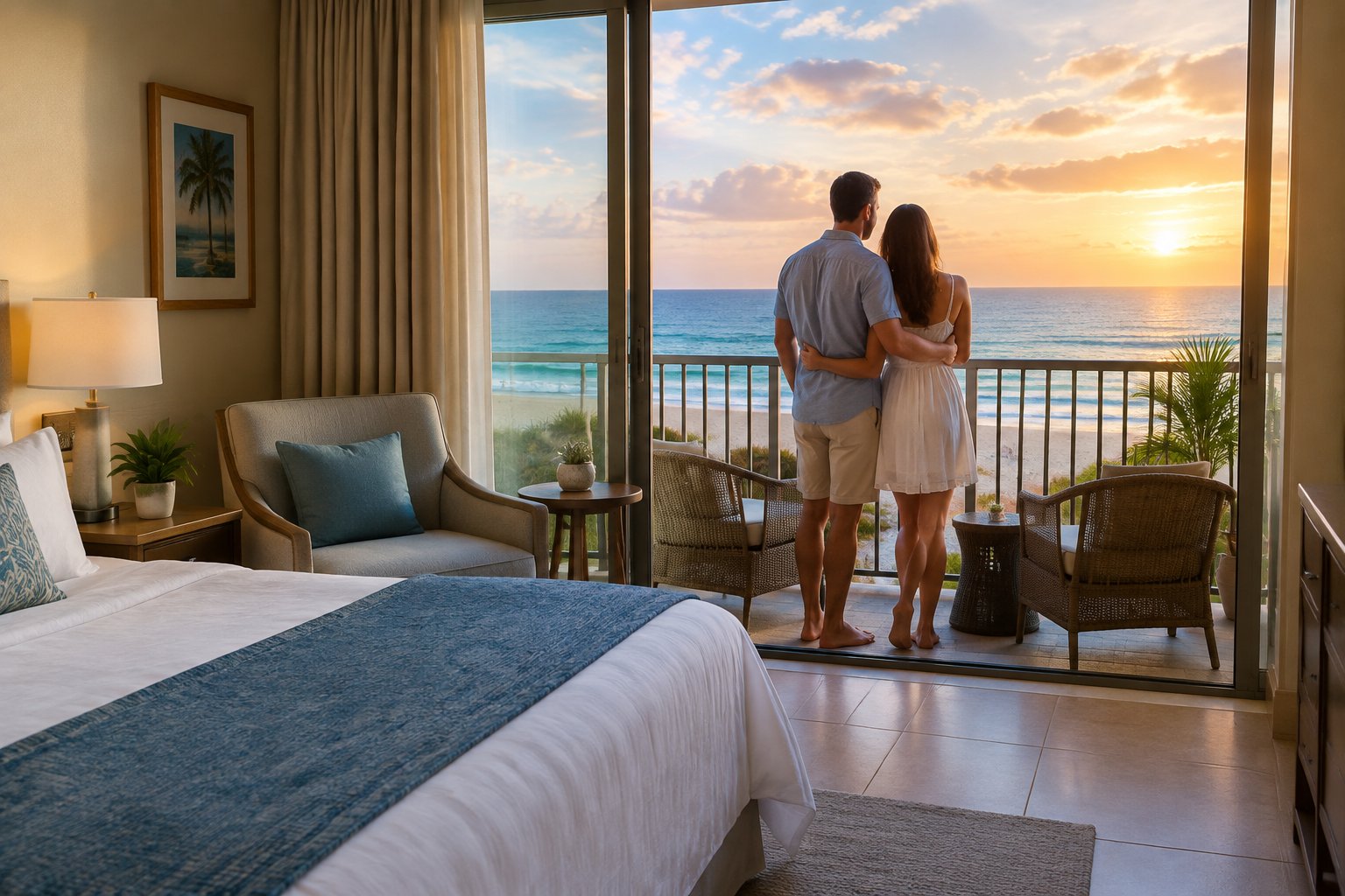 A newlywed couple looks out from a beachfront suite balcony toward the sea.