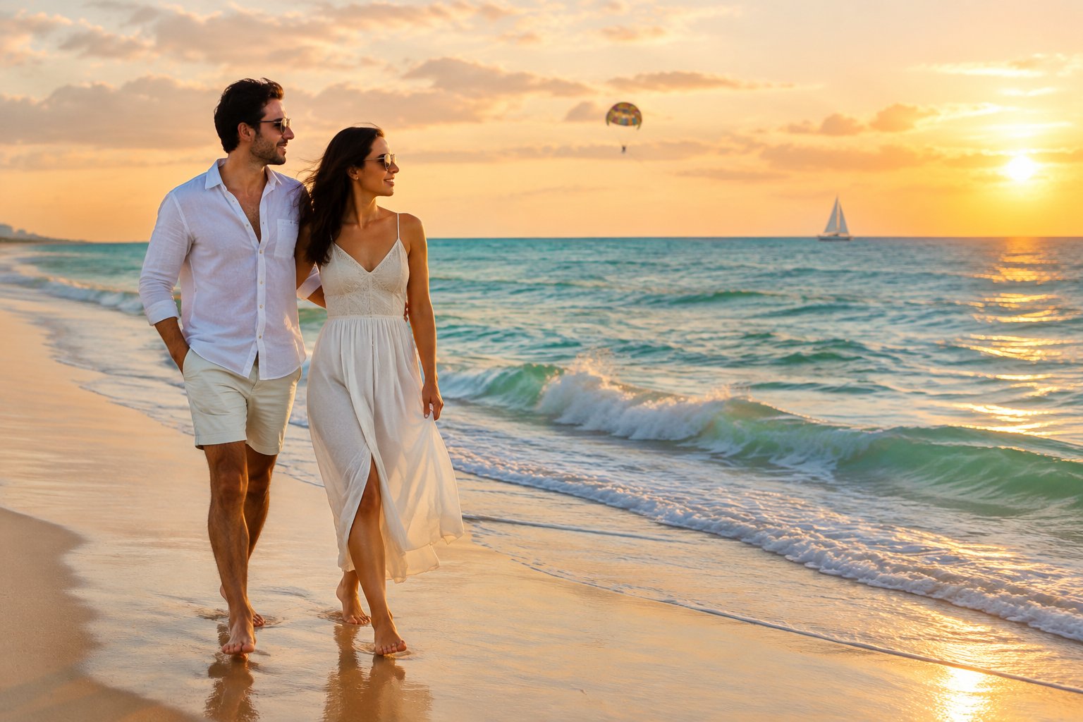 A couple walks hand in hand along a beach as a sailboat and parasail cross the distant horizon.