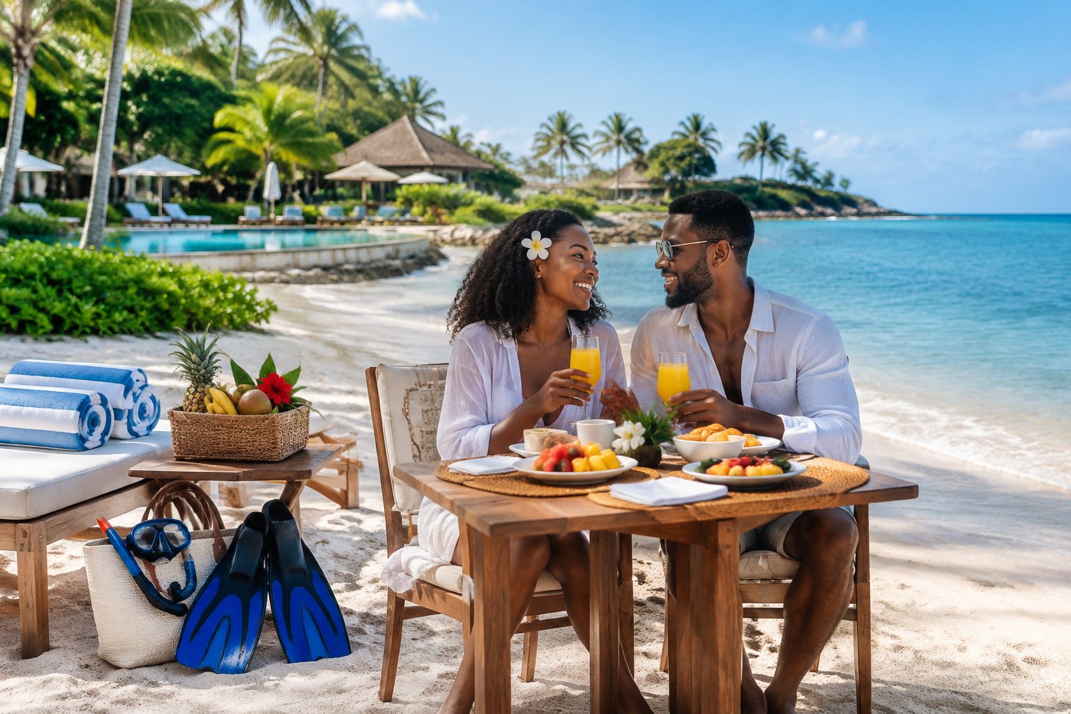 A newlywed couple shares breakfast at a Jamaican beach resort.