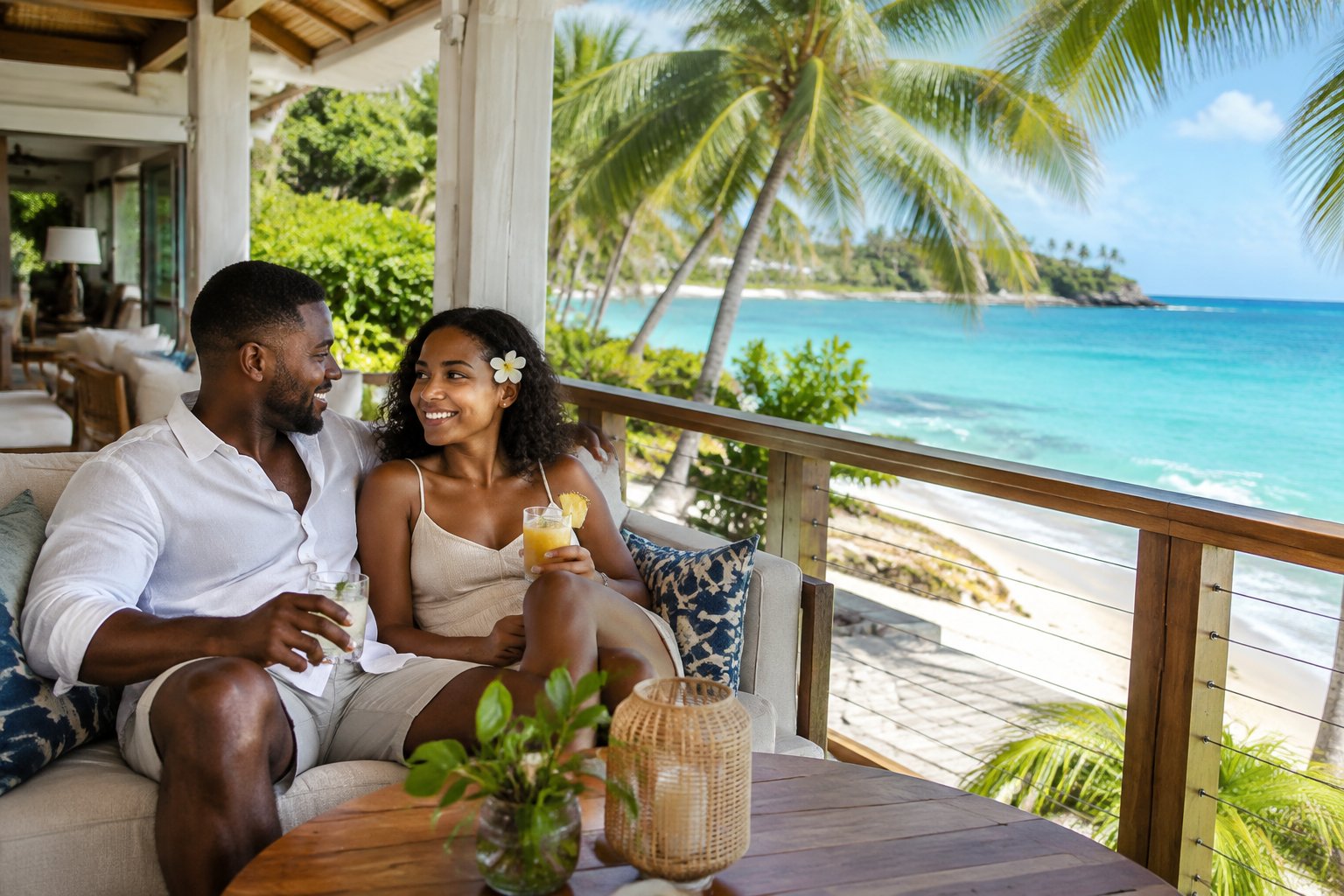 A couple relaxes together on a terrace overlooking a tropical beach.