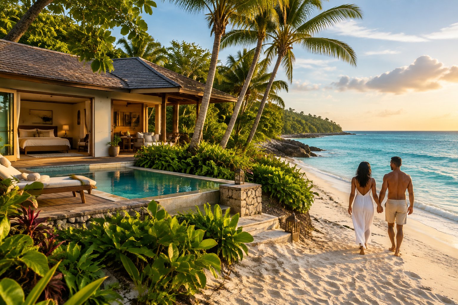 A couple walks along a tropical beach beside a secluded resort in Jamaica.