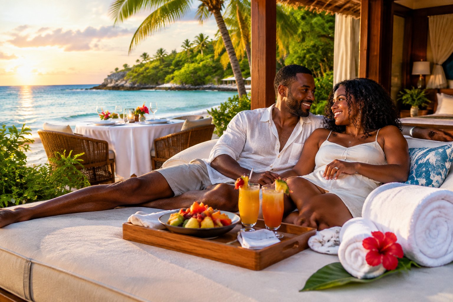 A newlywed couple relaxes at a tropical Jamaican beach resort.