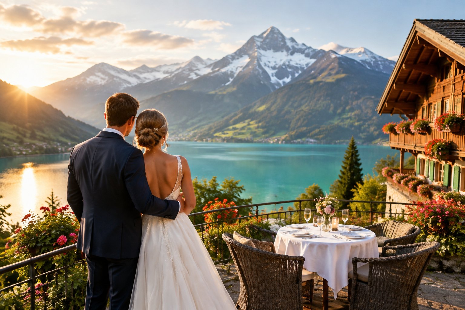 A couple stands beside a Swiss alpine lake, looking toward snow-capped mountains.